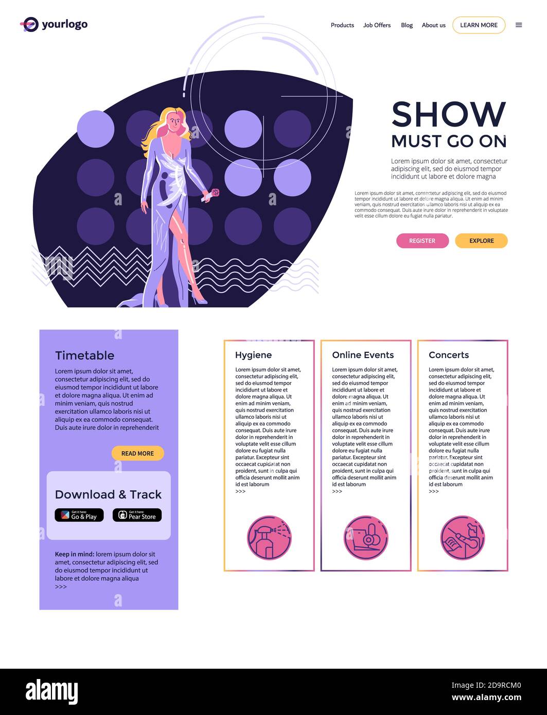 Landing Page layout, artista moderno - cantante donna con microfono in abito da sera lungo camminare sul palco sullo sfondo delle luci da concerto. Foto Stock
