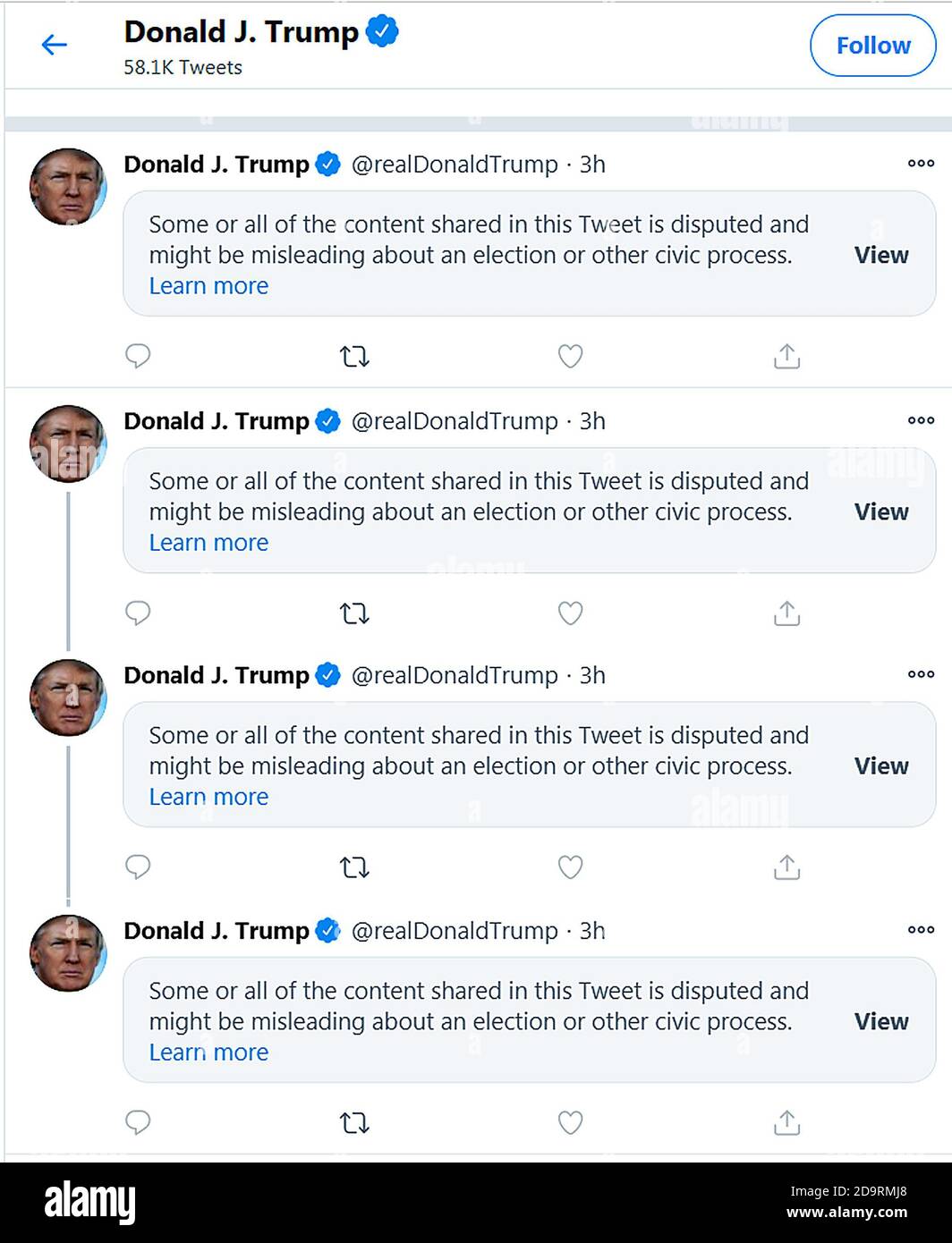 STATI UNITI. 7 novembre 2020. Quattro tweet consecutivi di Donald Trump sono qualificati con gli avvertimenti da Twitter come 'dispettato e potrebbe essere fuorviante' Credit: Phil Robinson/Alamy Live News Foto Stock