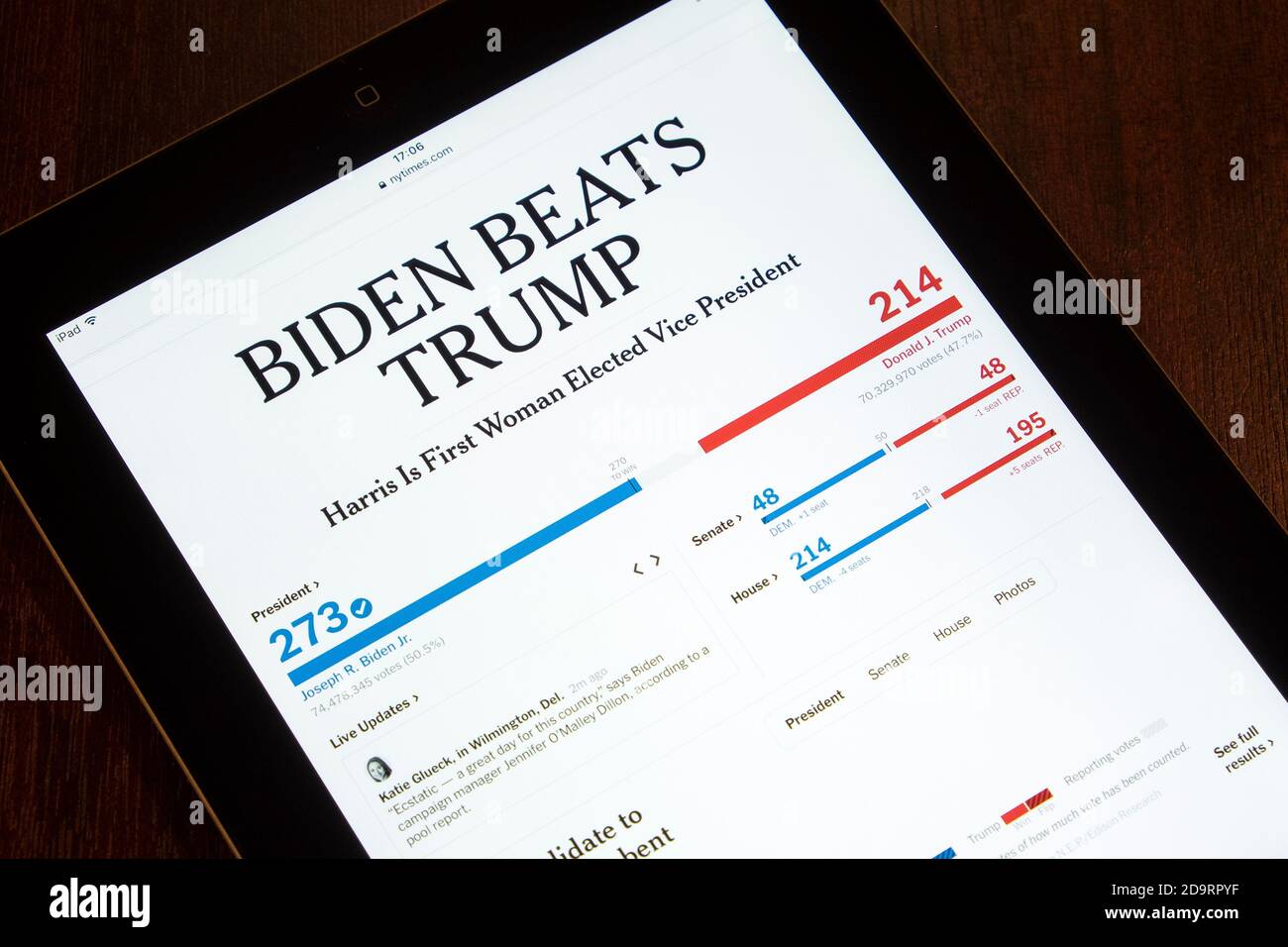 Chippenham, Wiltshire, Regno Unito. 7 Novembre 2020. Un articolo sul sito web del New York Times che dichiara che Joe Biden ha vinto le elezioni presidenziali degli Stati Uniti del 2020 è raffigurato in vista su un iPad a Chippenham, Wiltshire. Credit: Lynchpics/Alamy Live News Foto Stock