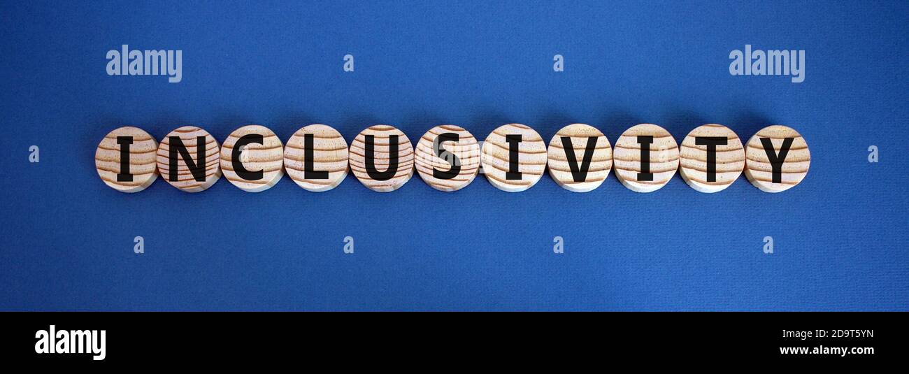 Simbolo per una migliore inclusione. Cerchi di legno con la parola 'inclusività'. Splendido sfondo blu. Spazio di copia. Foto Stock