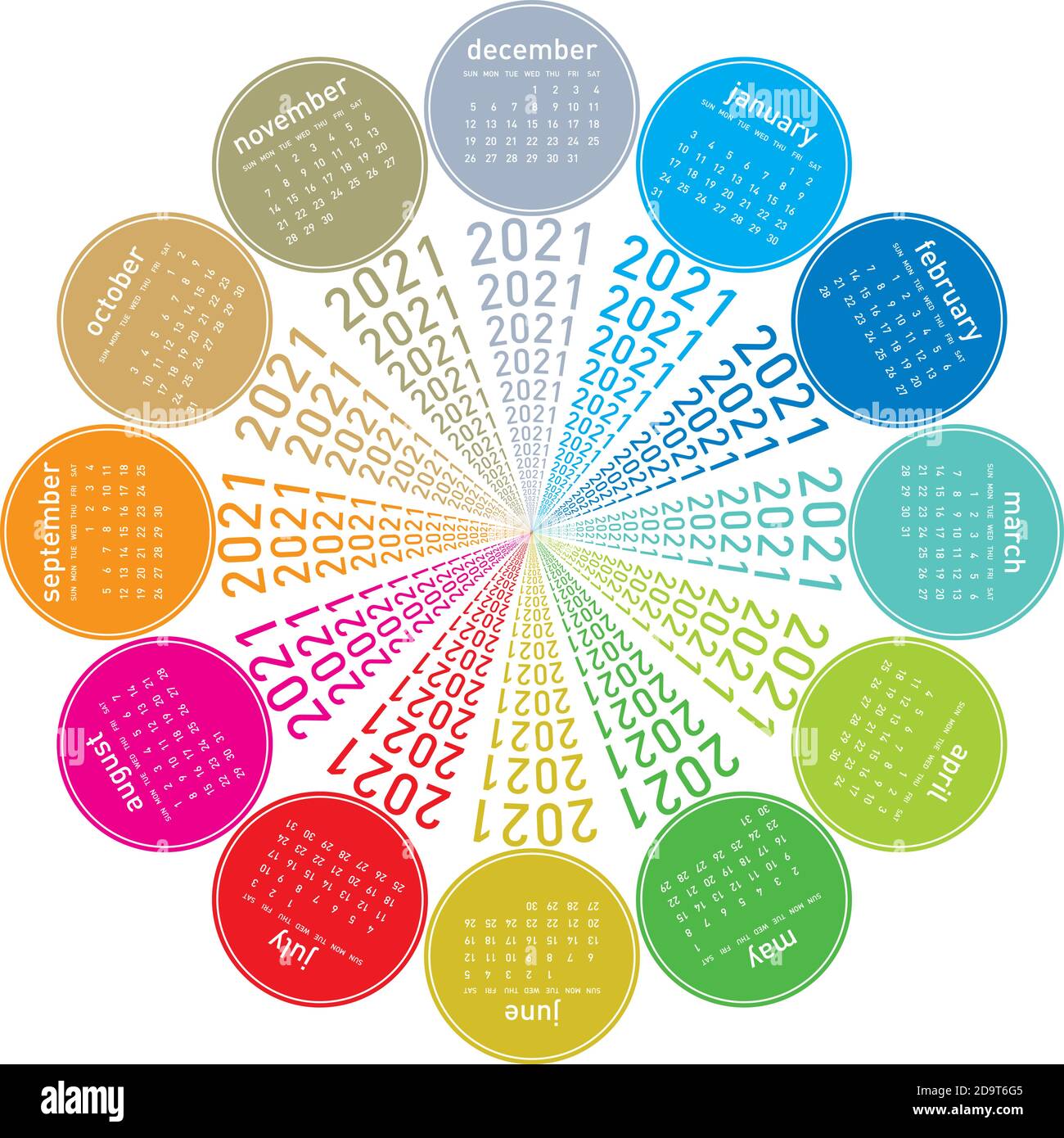 Calendario colorato per il 2021. Design circolare. In formato vettoriale Illustrazione Vettoriale