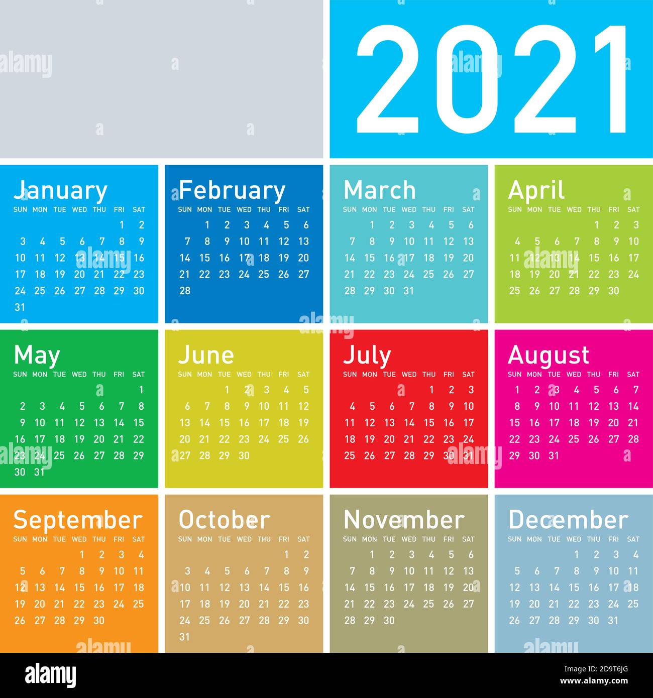 Calendario colorato per l'anno 2021, in formato vettoriale. Illustrazione Vettoriale