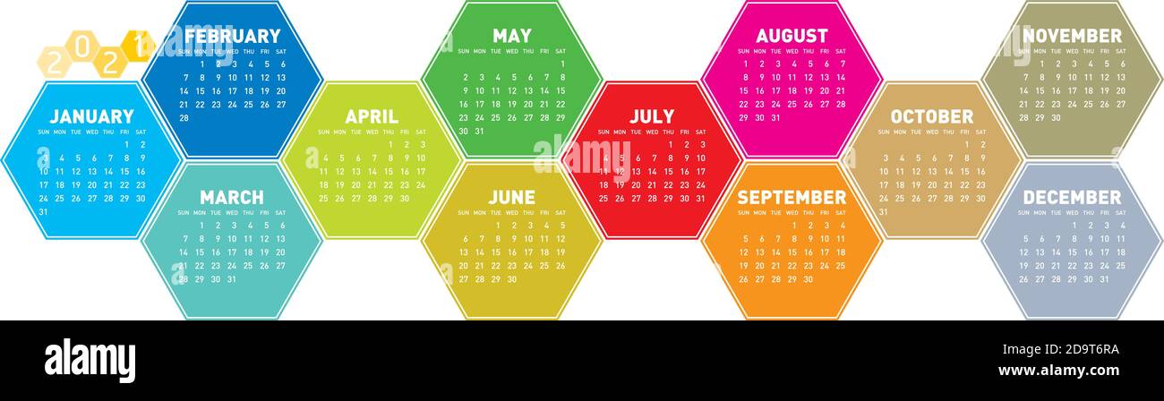 Calendario colorato per l'anno 2021 in un modello esagonale. In formato vettoriale. Illustrazione Vettoriale