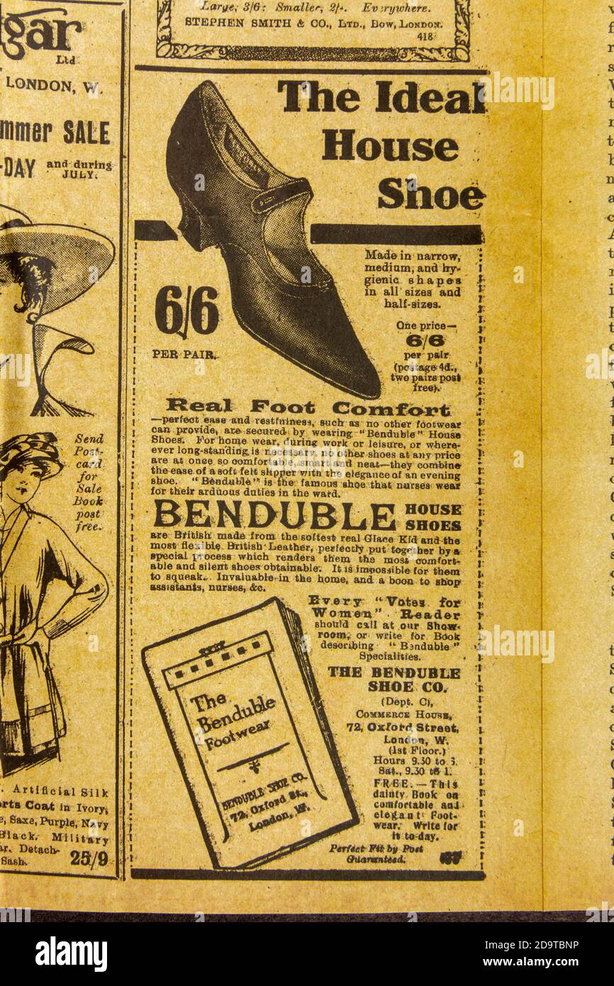 Advert for Benduble house shoes, 'votes for Women' magazine, 16 luglio 1915: Replica cimeli del movimento Suffragettes, UK. Foto Stock