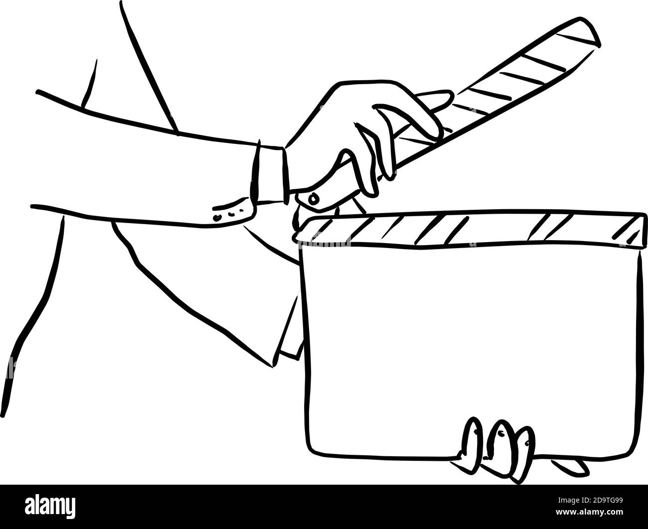 primo piano uomo d'affari tenendo film clapper bordo vettore illustrazione schizzo doodle disegnata a mano con linee nere isolate su sfondo bianco Illustrazione Vettoriale