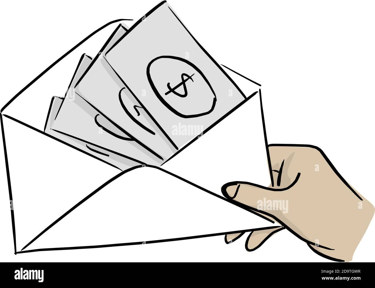 mano di uomo d'affari che tiene i soldi nell'illustrazione vettoriale della busta con linee nere isolate su sfondo bianco Illustrazione Vettoriale