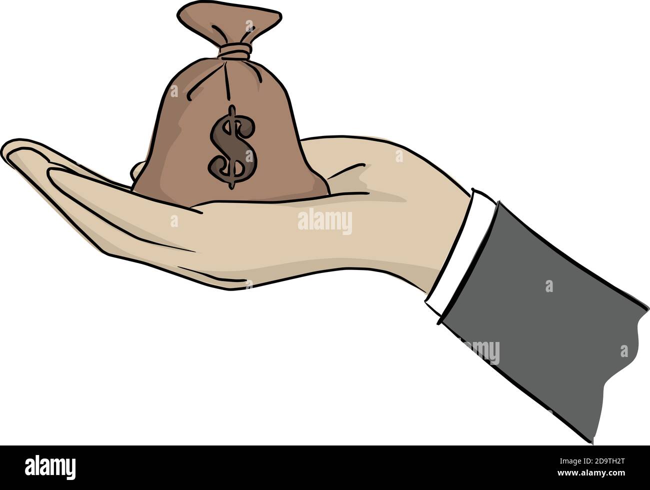 mano di uomo d'affari che tiene la borsa di denaro illustrazione vettoriale con nero linee isolate su sfondo bianco Illustrazione Vettoriale