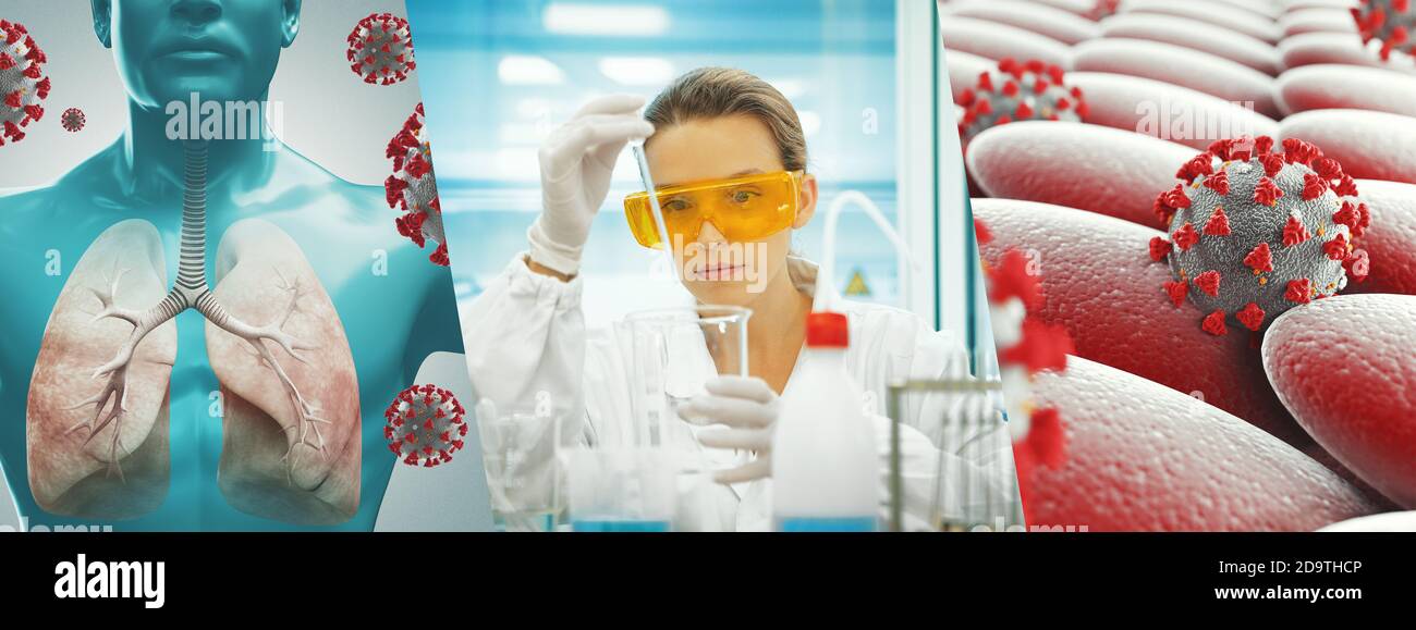 Coronavirus COVID-19 banner set foto in concetto di trattamento medico tra cui medicina, vaccino e servizio medico per prevenire, trattare e curare Covid Foto Stock