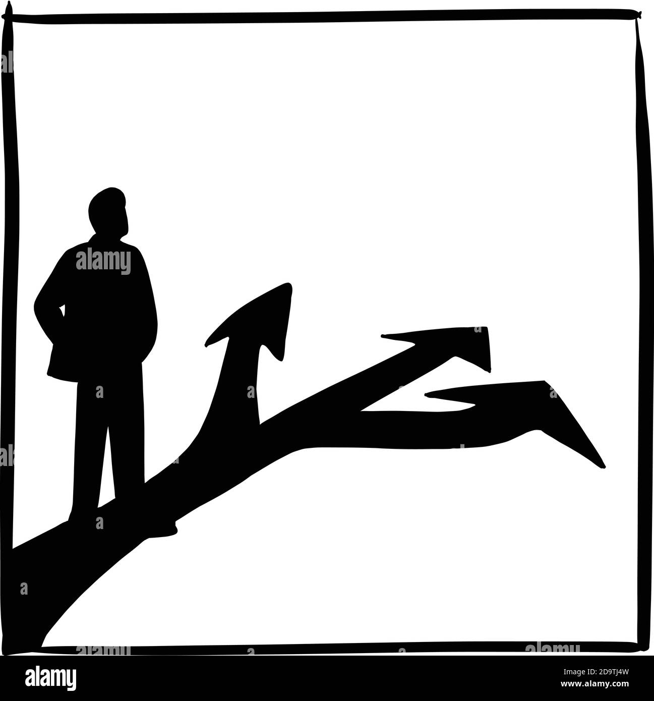silhouette uomo d'affari in piedi davanti a tre frecce su asfalto illustrazione vettoriale stradale schizzo doodle mano disegnata isolata su bianco telaio quadrato b Illustrazione Vettoriale