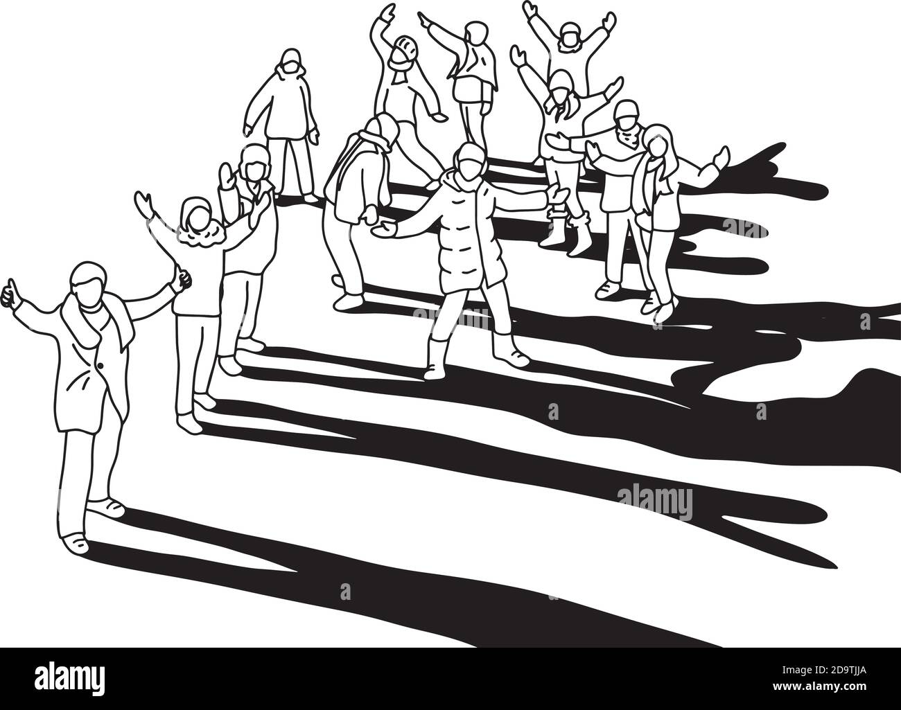persone che si levano in piedi insieme a freddo vettore illustrazione schizzo doodle mano disegnata con linee nere isolate su sfondo bianco. Lavoro di squadra o fam Illustrazione Vettoriale