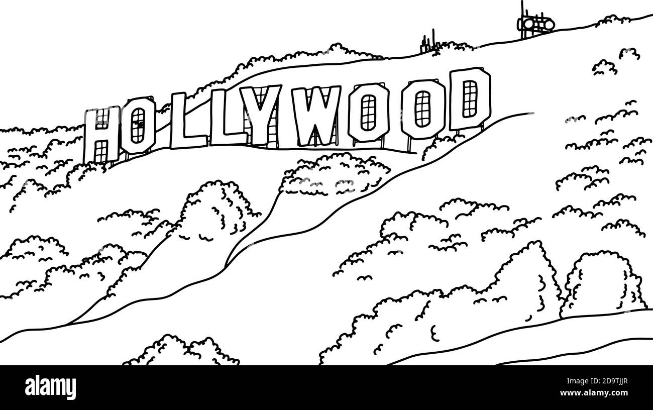 Popolare iscrizione Hollywood segno vettore illustrazione schizzo doodle mano disegnata con linee nere isolate su sfondo bianco Illustrazione Vettoriale