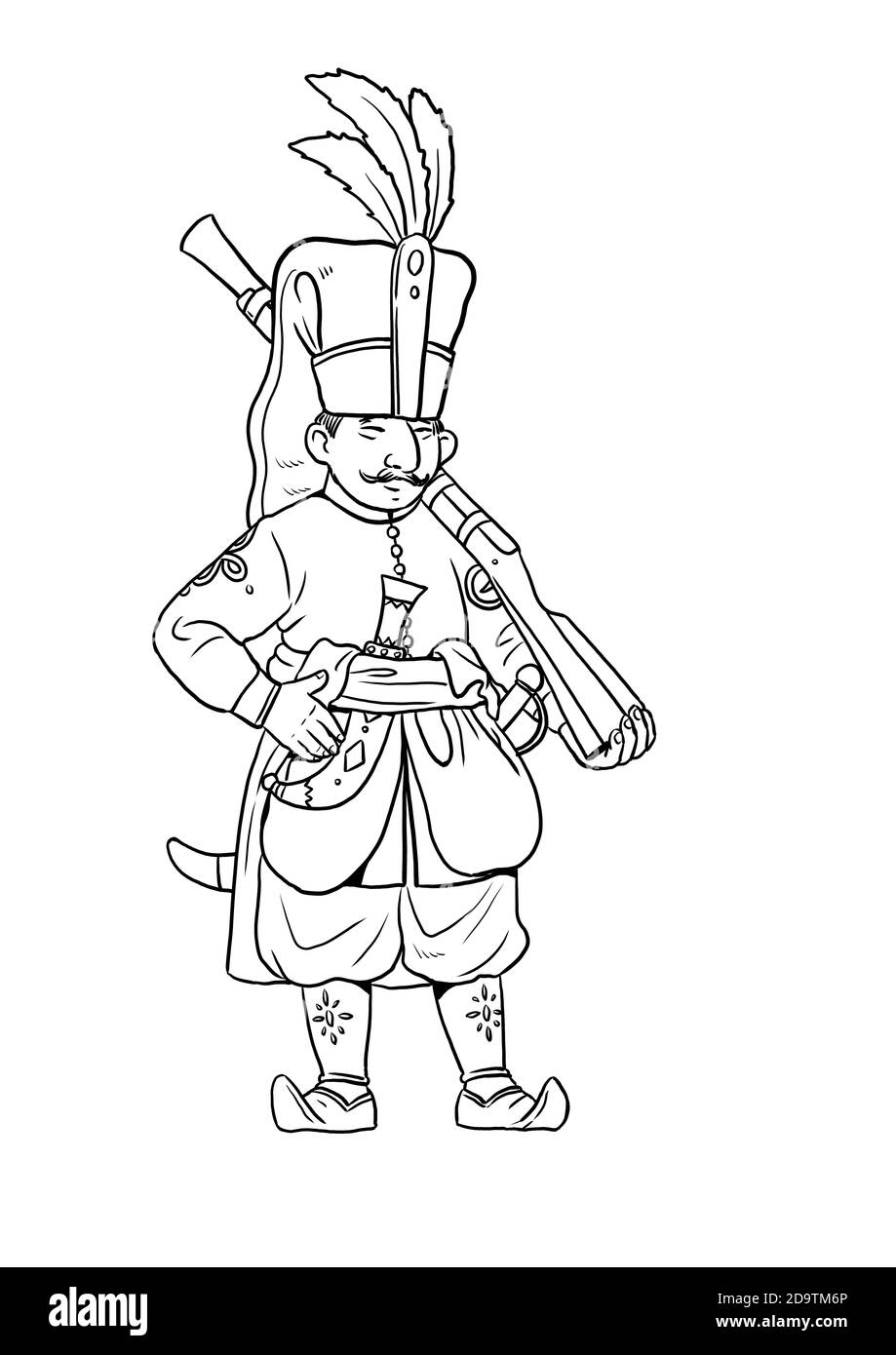 Il soldato turco Janissary per colorare. Modello da colorare per bambini. Foto Stock