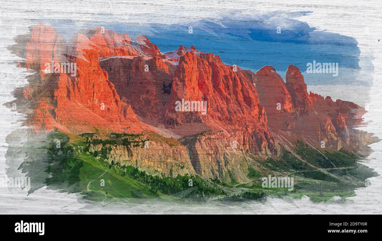 Tramonto al Passo Gardena in Dolomiti, pittura acquerello, Italia Foto Stock