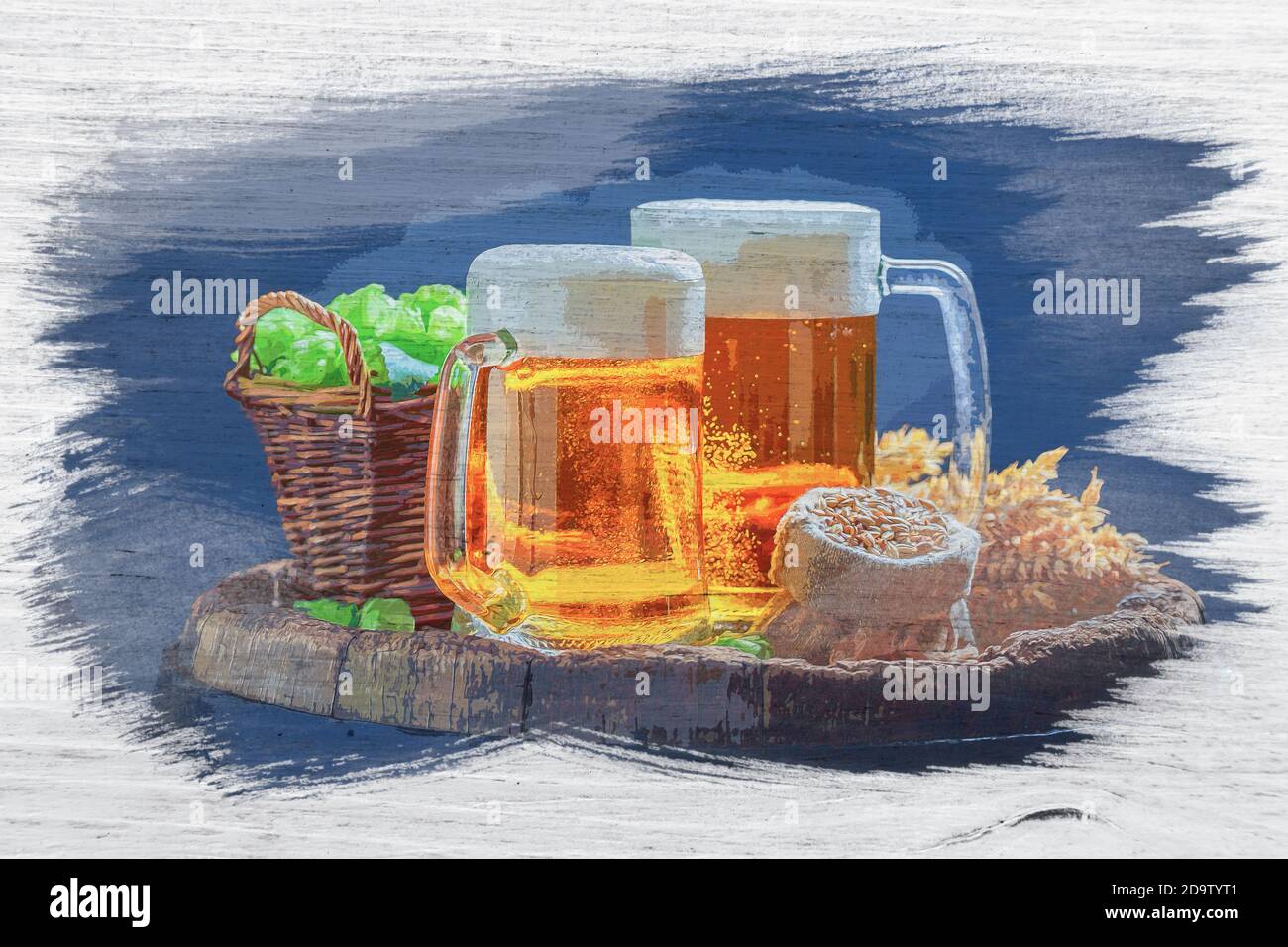 Pittura acquerello di birra con luppolo e grano su legno barile Foto Stock