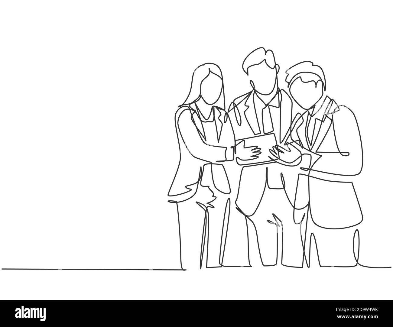 Disegno unico continuo di linea di giovani uomini e donne in piedi manager discutere la strategia aziendale per aumentare le vendite. Concetto di marketing aziendale Illustrazione Vettoriale