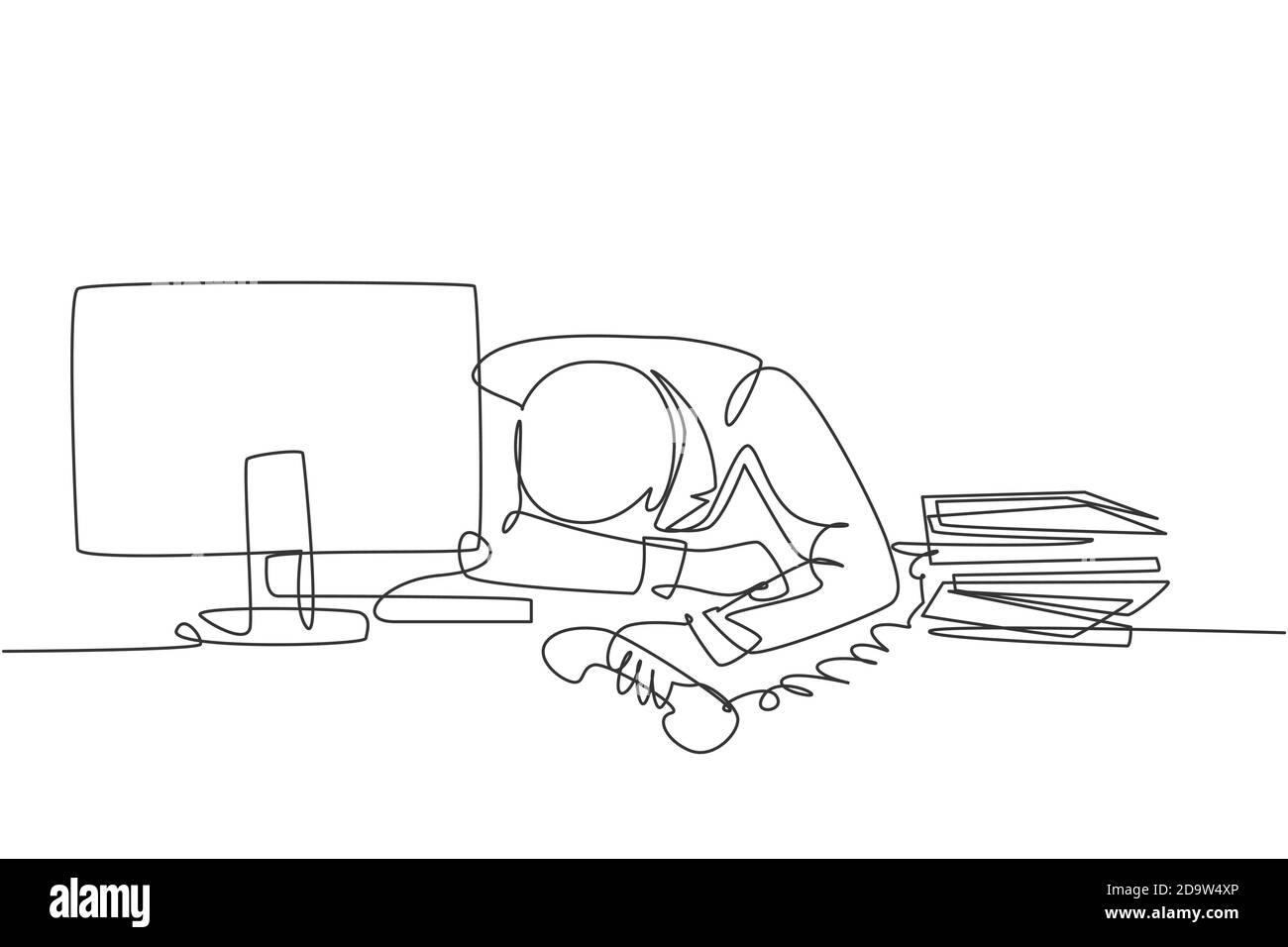 Un singolo disegno di linea continuo del responsabile giovane della disperazione dà in su che risponde alla chiamata e copre il suo viso sulla scrivania. Concetto di sovraccarico di lavoro in ufficio Illustrazione Vettoriale