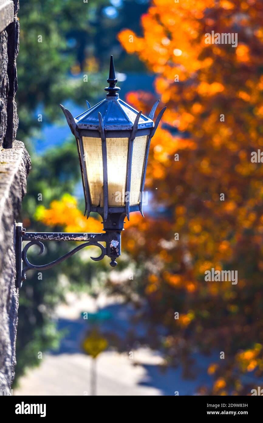 Vecchia strada lampada in autunno Foto Stock