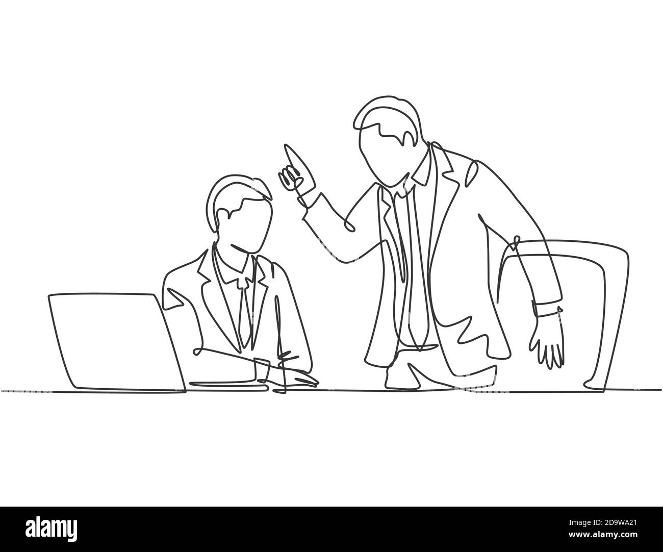 Un'unica linea di disegno di un giovane manager sconvolto che chiede al personale gli errori relativi alle prestazioni dei dati di vendita. Problema di lavoro in ufficio. Design alla moda Illustrazione Vettoriale