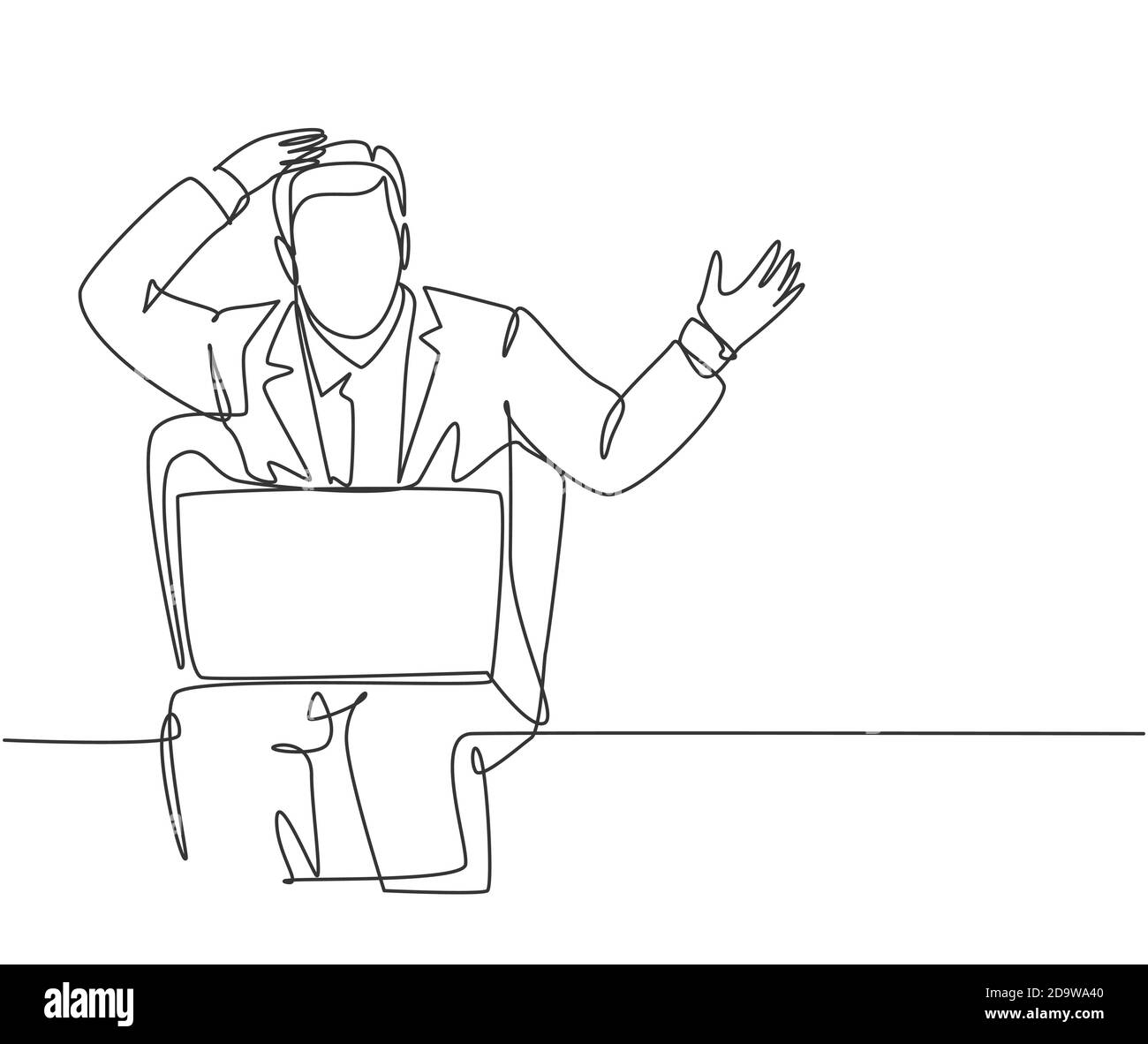 Una sola linea di disegno giovane confuso uomo d'affari seduto sulla sedia e guardando cattivi dati sulle prestazioni di vendita sul suo laptop. Concetto di rischio aziendale Illustrazione Vettoriale