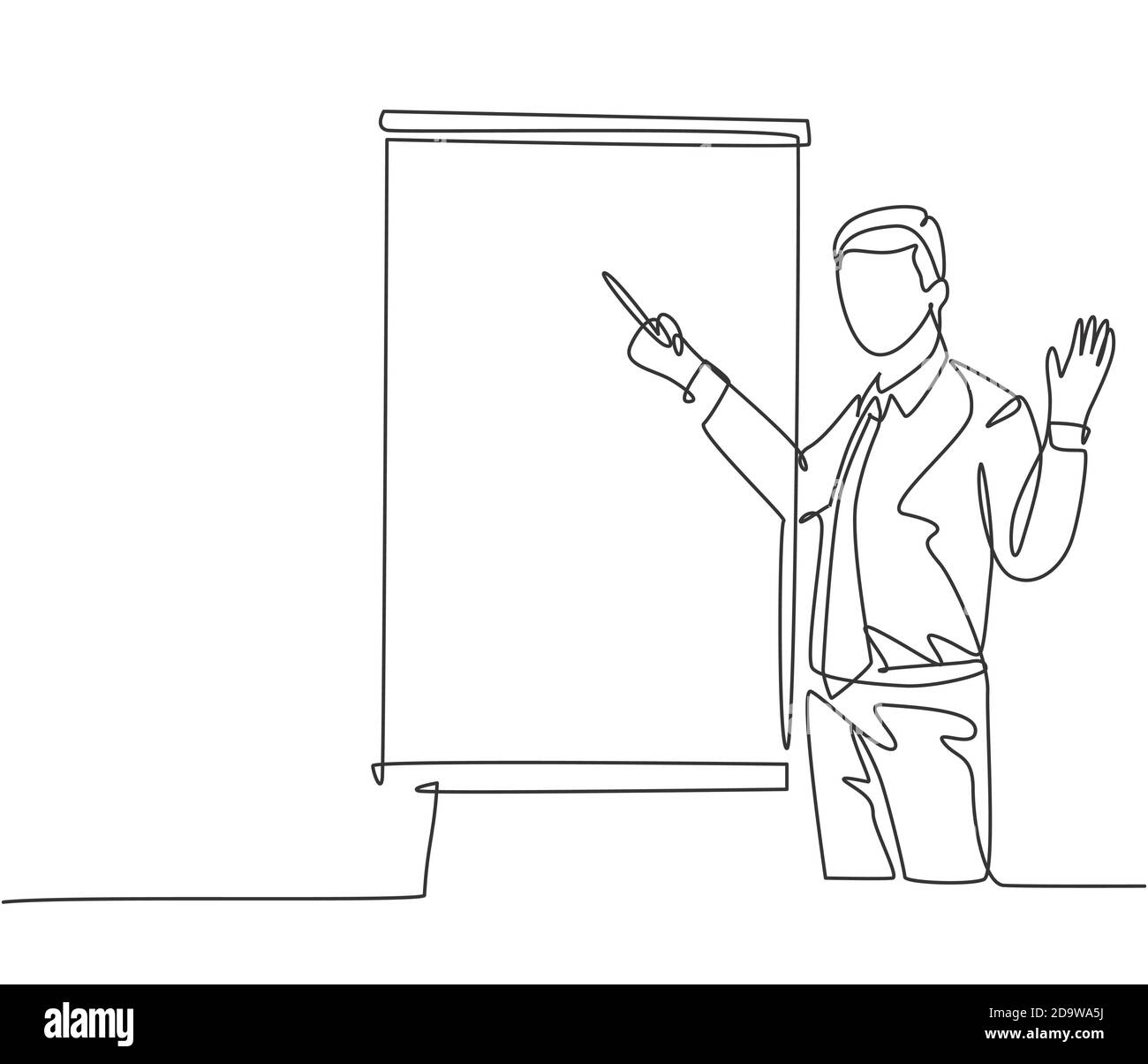 Disegno continuo di una singola linea di giovani manager d'affari che danno lezioni all'apprendista durante la riunione di lavoro. Presentazione del lavoro in ufficio Illustrazione Vettoriale