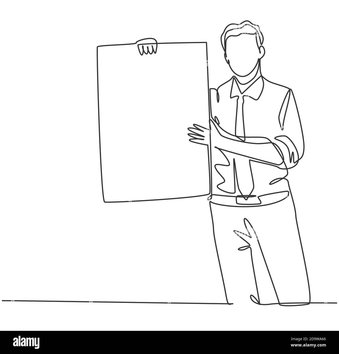 Un disegno di linea singola di giovane presentatore che tiene il bordo grande dello schermo per introdurre il nuovo prodotto dell'azienda. Presentazione del lancio di nuovi prodotti Illustrazione Vettoriale