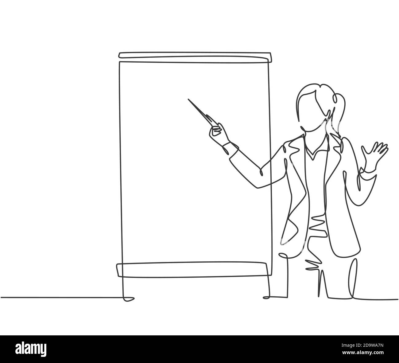 Un disegno a riga singola di giovane presentatrice che punta il dito sullo schermo con un marcatore. Presentazione aziendale in ufficio Illustrazione Vettoriale