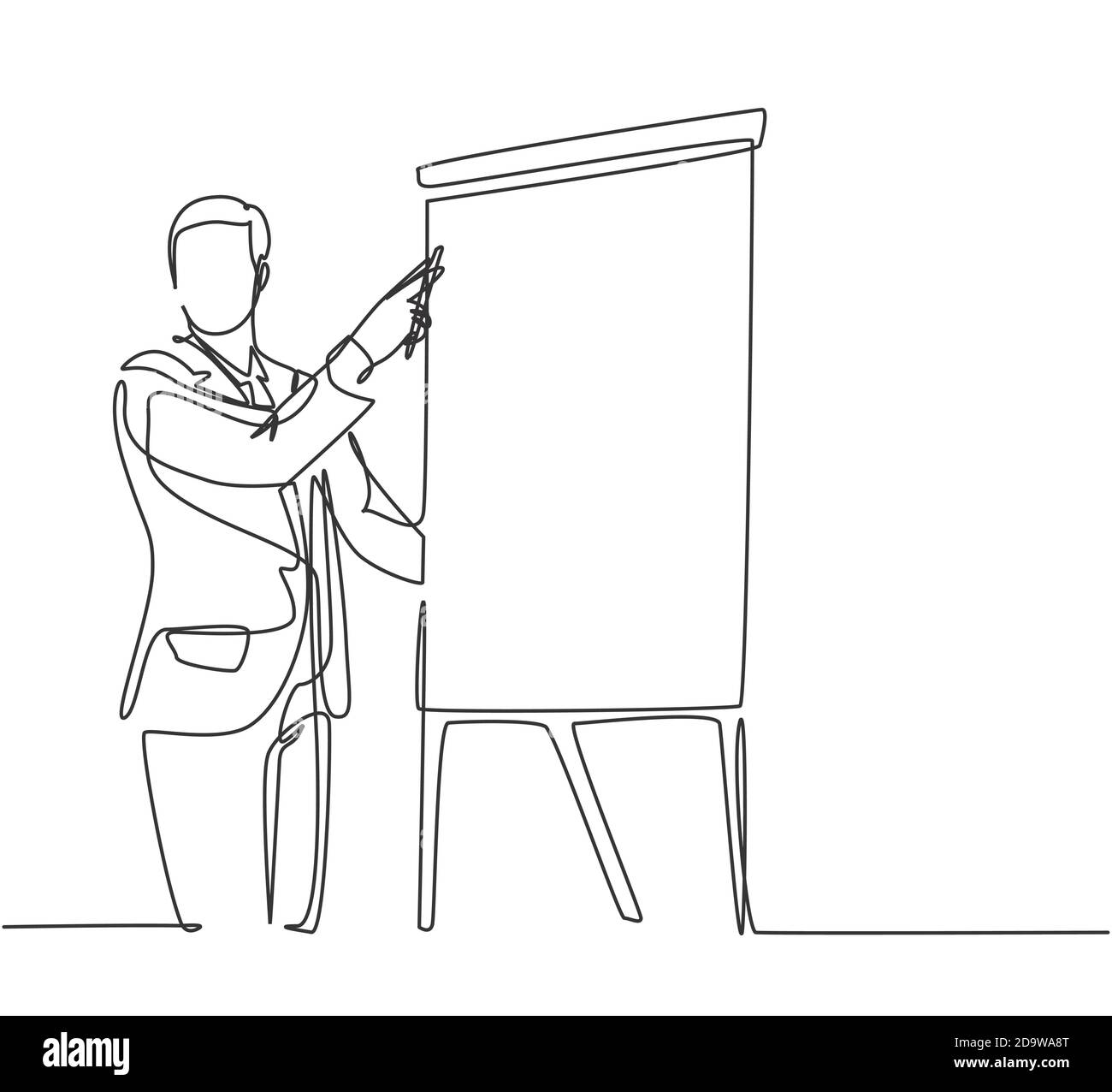 Una singola linea di disegno di giovane fondatore felice di startup che presenta la proposta di affari agli investitori. Presentazione aziendale in ufficio Illustrazione Vettoriale