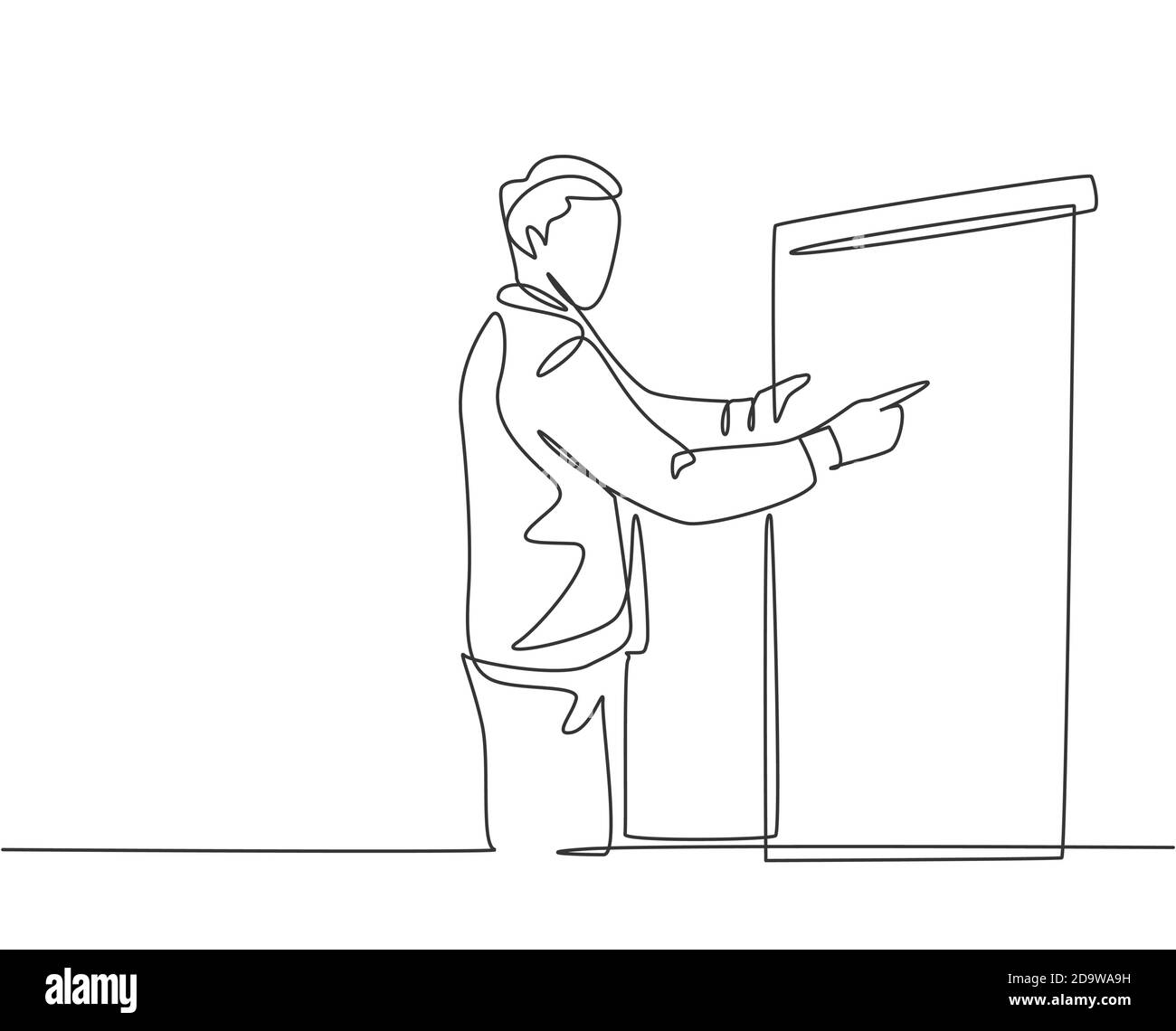 Disegno a linea singola continua di un giovane responsabile vendite che punta un dito sull'infografica sullo schermo durante la riunione. Presentazione del lavoro in ufficio Illustrazione Vettoriale