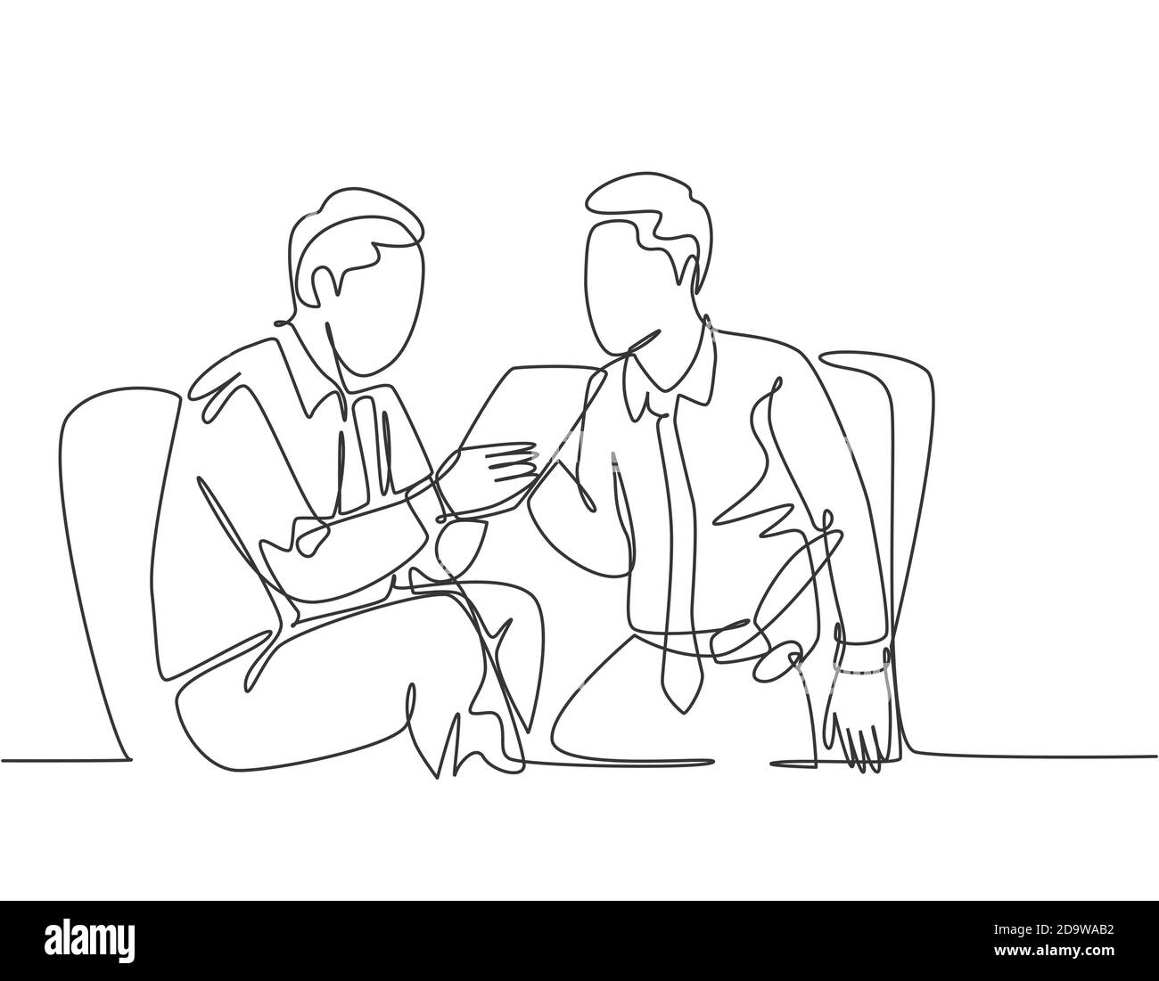 Un disegno di linea continuo del responsabile di vendita giovane che presenta la nuova strategia all'aumento delle vendite del prodotto al CEO dell'azienda. Concetto di riunione aziendale Illustrazione Vettoriale