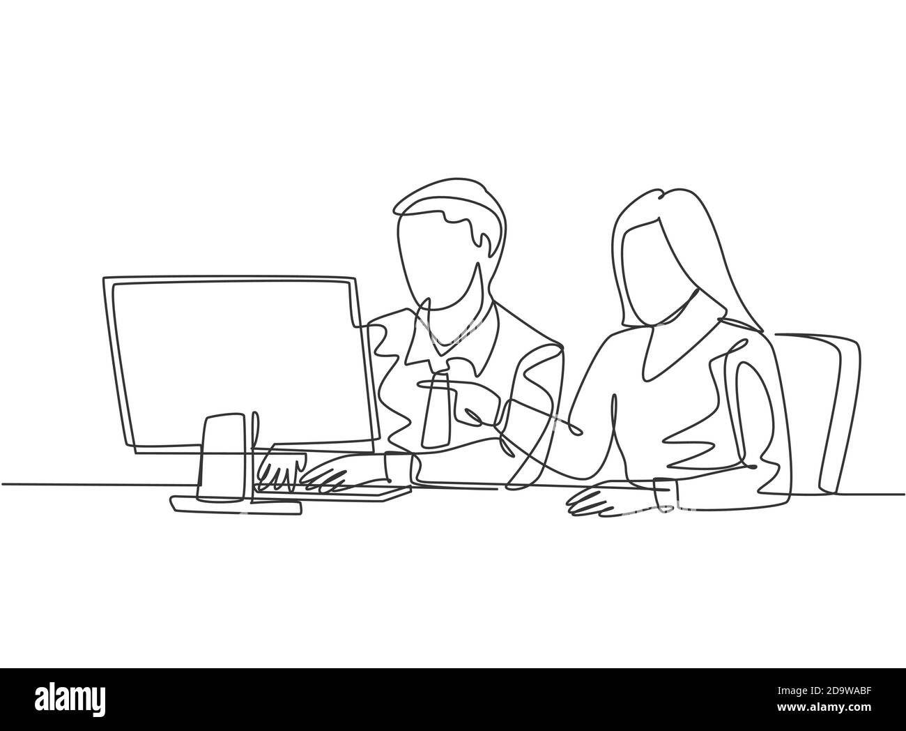 Singolo disegno continuo di linea di due giovani uomini seri e lavoratrici che guardano la tabella di vendite sullo schermo del calcolatore. Concetto di business per la crescita delle vendite Illustrazione Vettoriale