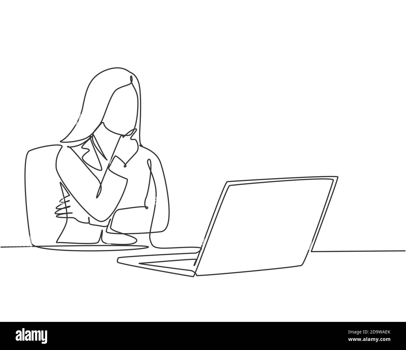 Singolo disegno continuo della linea della giovane fondatrice di startup femminile che si trova davanti alla strategia di vendita di pensiero del calcolatore alla sua azienda. Strategia di marketing Illustrazione Vettoriale