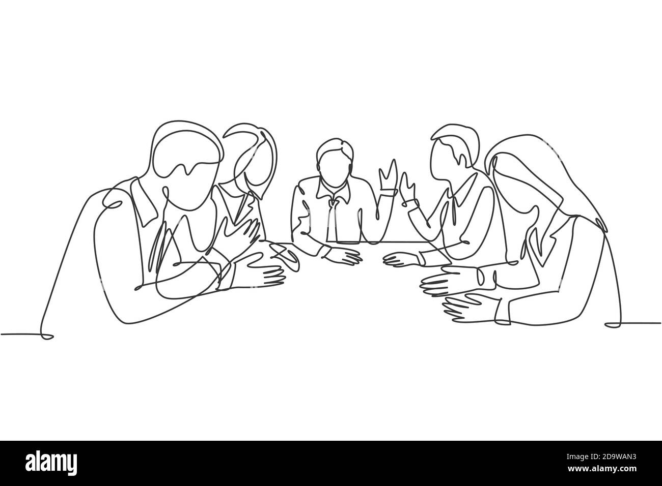 Una linea continua che traccia un incontro tra i giovani responsabili delle vendite maschili e femminili per discutere l'obiettivo aziendale in ufficio. Concetto di strategia di marketing di vendita Illustrazione Vettoriale