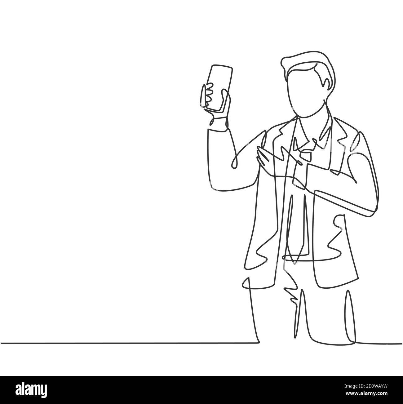 Un disegno continuo di giovani venditori promuove e introduce al cliente la nuova serie di dispositivi smartphone. Introduzione al prodotto concetto di marketing. Illustrazione Vettoriale