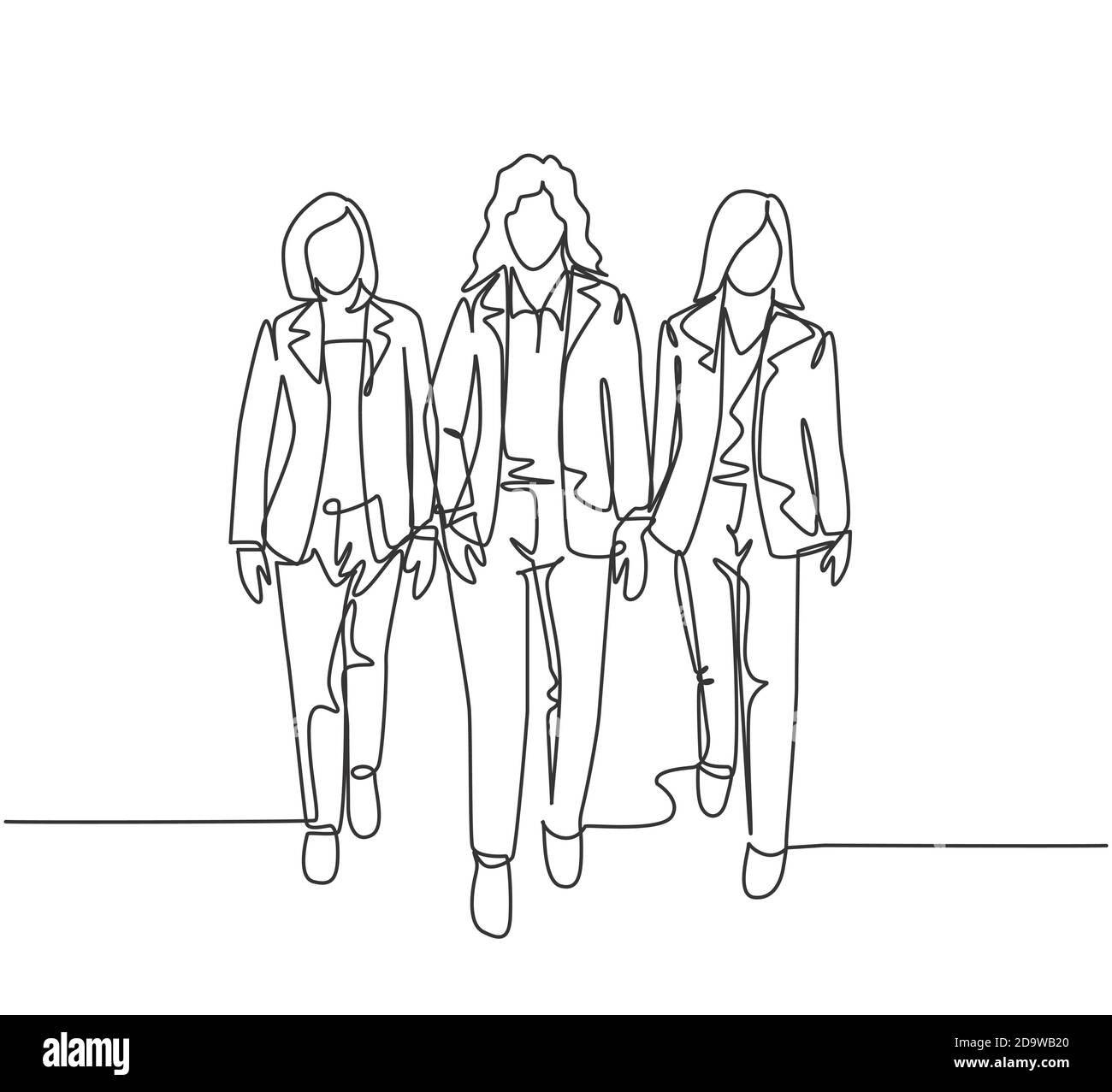 Un disegno di linea continuo delle giovani donne che camminano insieme ordinatamente in una fila nella strada della città va all'ufficio. Concetto di lavoratori urbani in pendolari Illustrazione Vettoriale