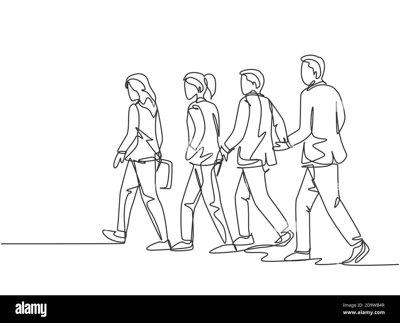 Un disegno di linea continuo di pendolari urbani di gruppo, uomini e donne, che camminano ogni giorno sulla strada cittadina, vanno in ufficio. Concetto di lavoratori urbani in pendolari Illustrazione Vettoriale