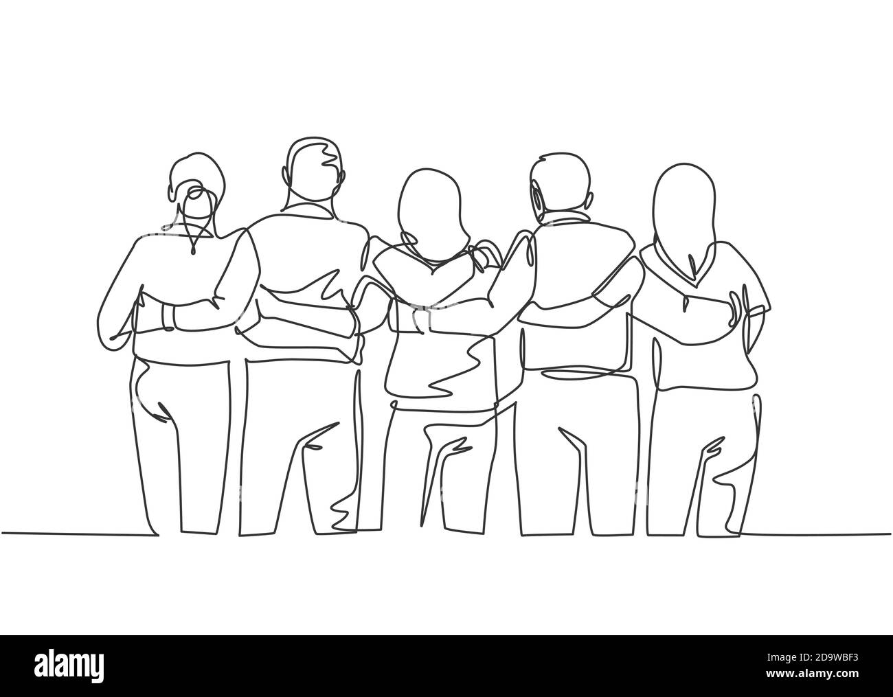 Una linea continua che traccia circa il gruppo degli uomini e della donna dalla posizione multi etnica e che abbracciano insieme per mostrare il loro legame di unità. Amicizia Illustrazione Vettoriale