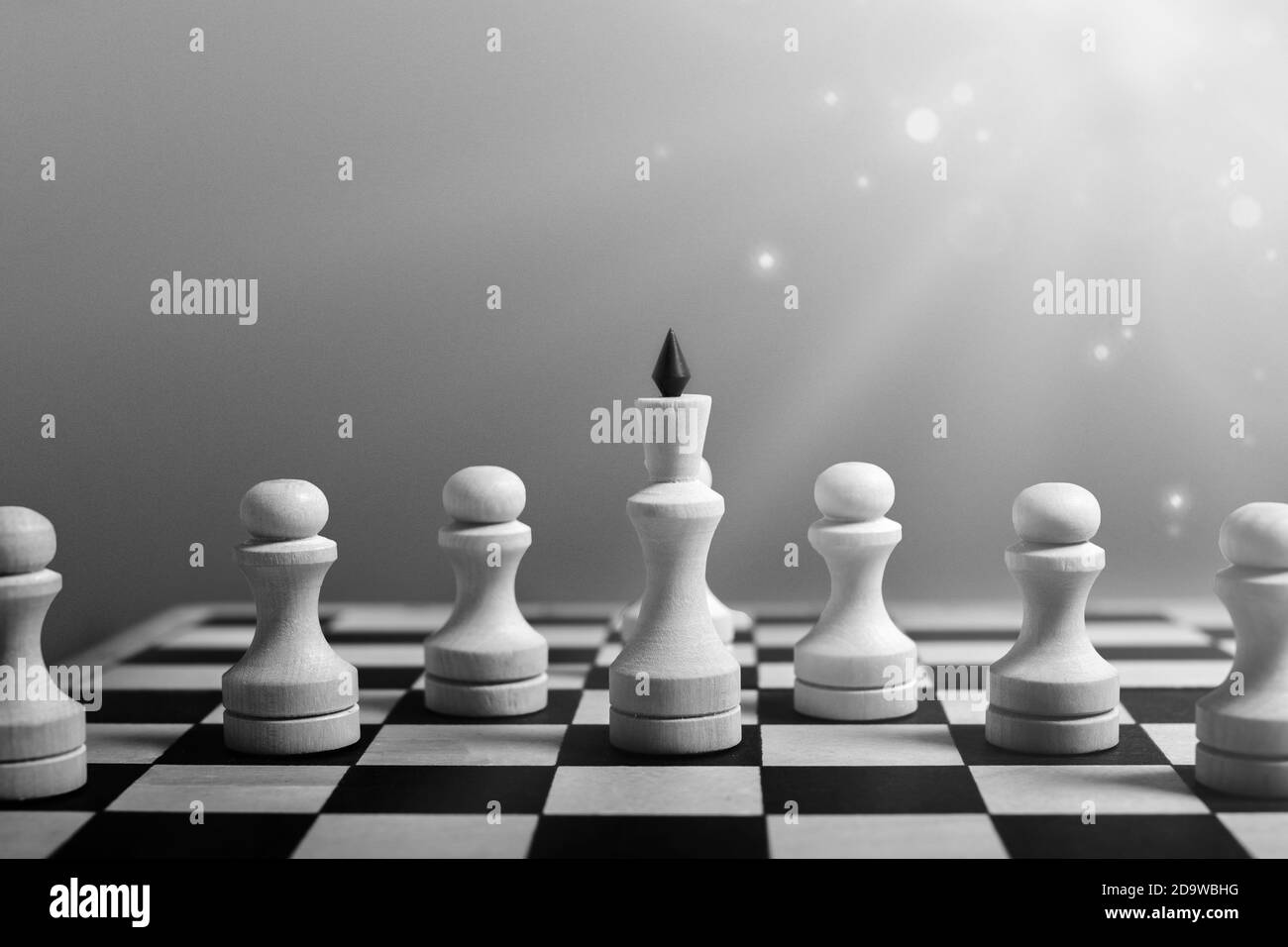 Concetto di leadership aziendale. La regina degli scacchi bianchi si erge con le pedine che li portano alla vittoria. Bianco e nero, spazio per la copia, evidenziazioni Foto Stock