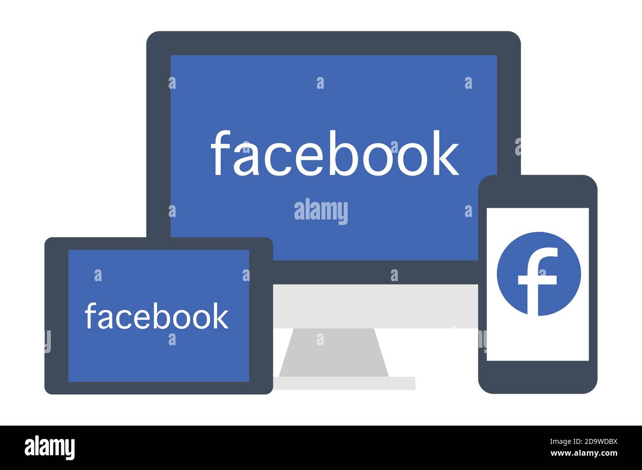 App social media Facebook su smartphone, desktop e tablet. Illustrazione Vettoriale