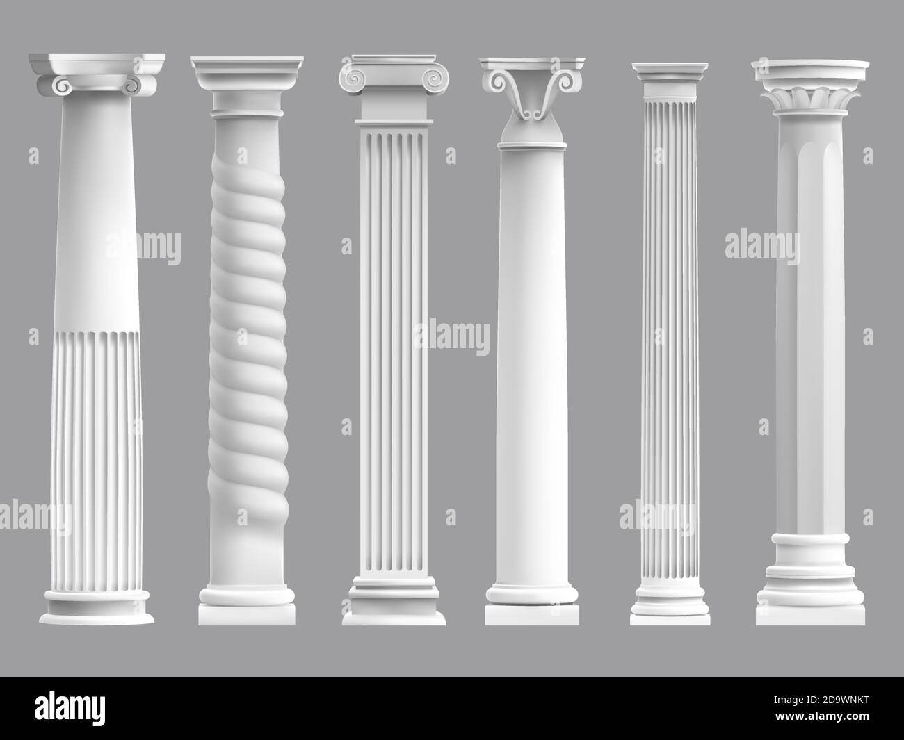 Antiche colonne greche. Antica colonna greca, colonne storiche della cultura romana. Set di illustrazioni vettoriali per colonne architettoniche classiche Illustrazione Vettoriale