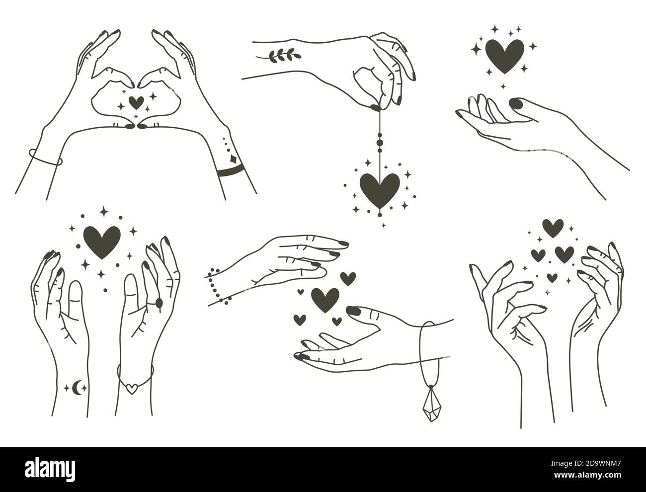 Mani magiche con i cuori. Mano mistica stile boho lineare, braccia disegnate a mano con cuore magico. Le mani magiche mantengono i simboli vettoriali dei cuori impostati Illustrazione Vettoriale