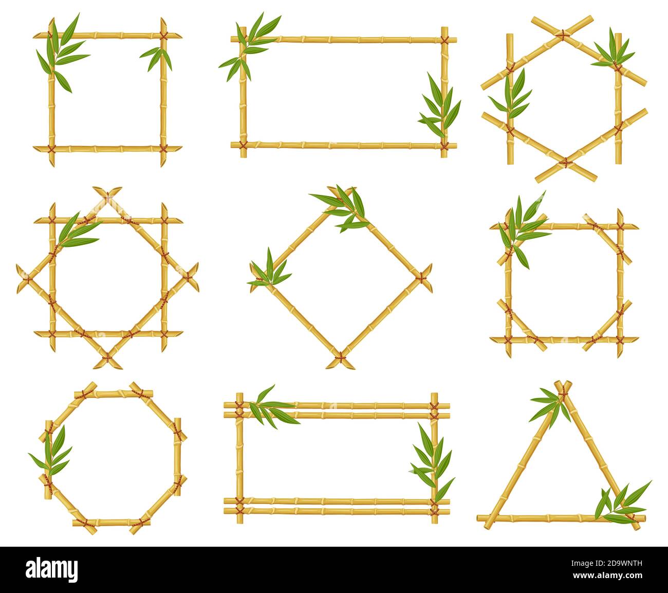 Cornici cartone animato di bambù. Steam cornice, gambi di bambù con foglie, bastoni di bambù asiatici bordi di legno vettoriale illustrazione icone set Illustrazione Vettoriale