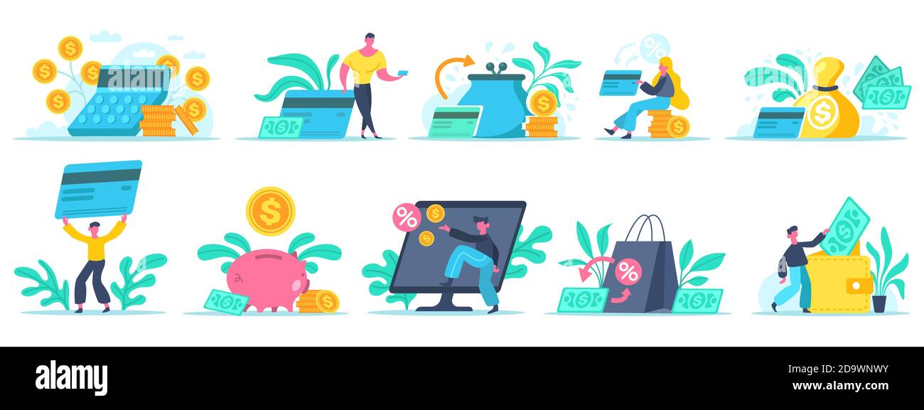 Online banking. Pagamenti mobili, transazioni finanziarie e pagamenti di finanza aziendale. Set di illustrazioni vettoriali isolate per il trasferimento di denaro online Illustrazione Vettoriale