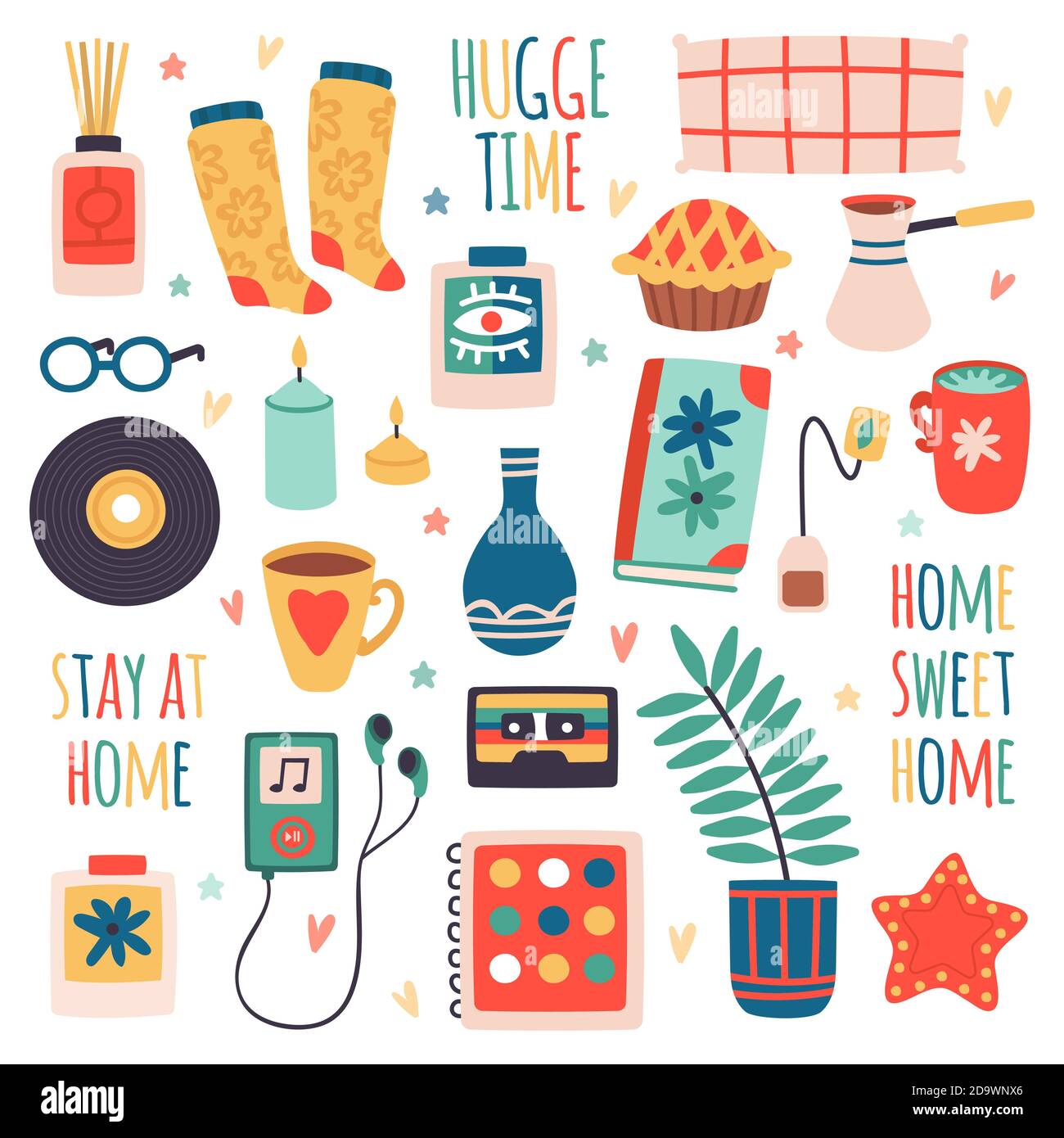 Higge scandinavo doodle elementi. Accessori per la casa, pianta della casa, tazza da tè, cuscino e libro, interni accoglienti elementi vettoriali set di illustrazione Illustrazione Vettoriale