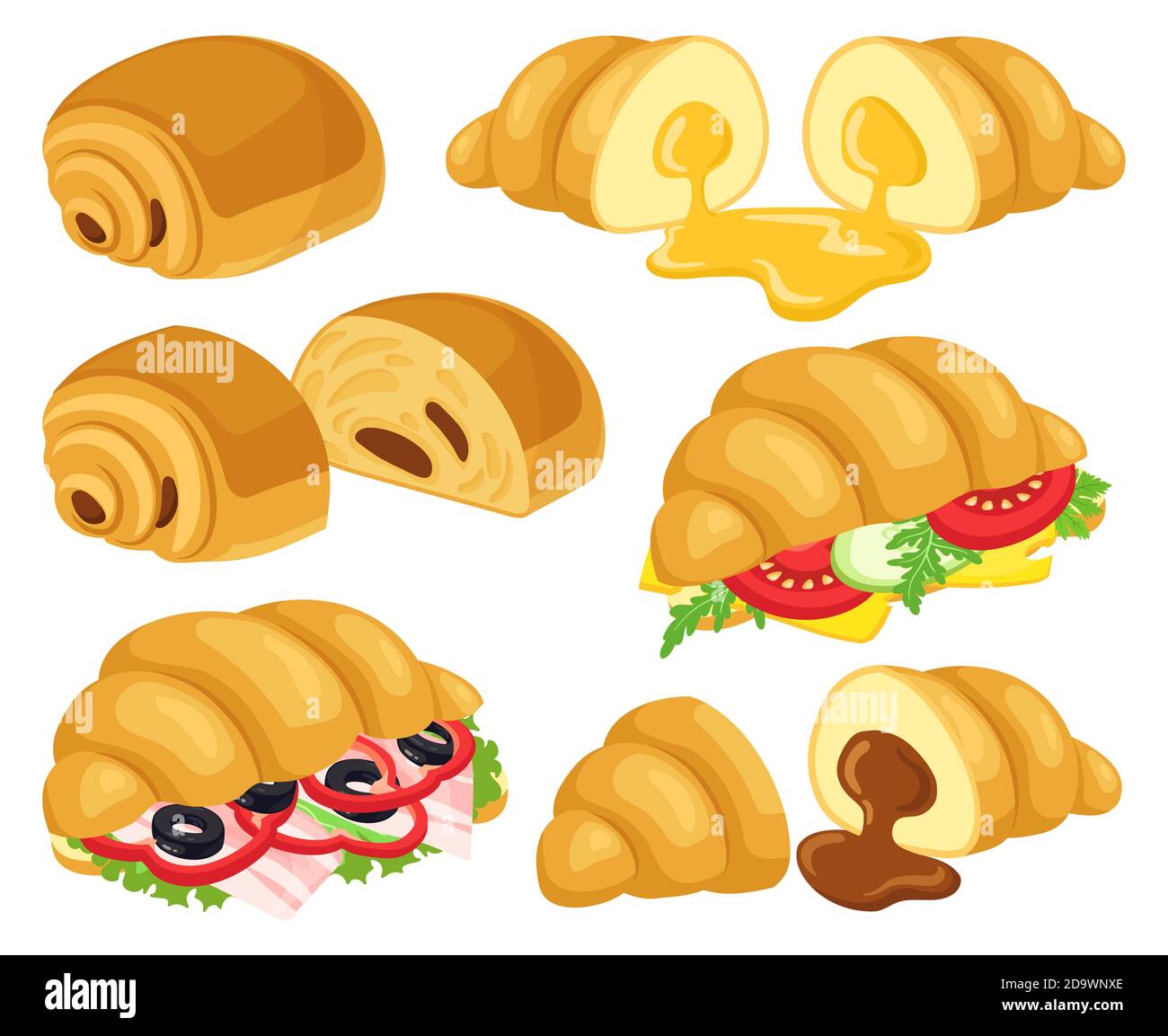 Croissant cartoon. Croissant al forno con sandwich di cioccolato,  caramello, formaggio e croissant al prosciutto. Illustrazioni vettoriali di  cornetti da forno per la colazione Immagine e Vettoriale - Alamy