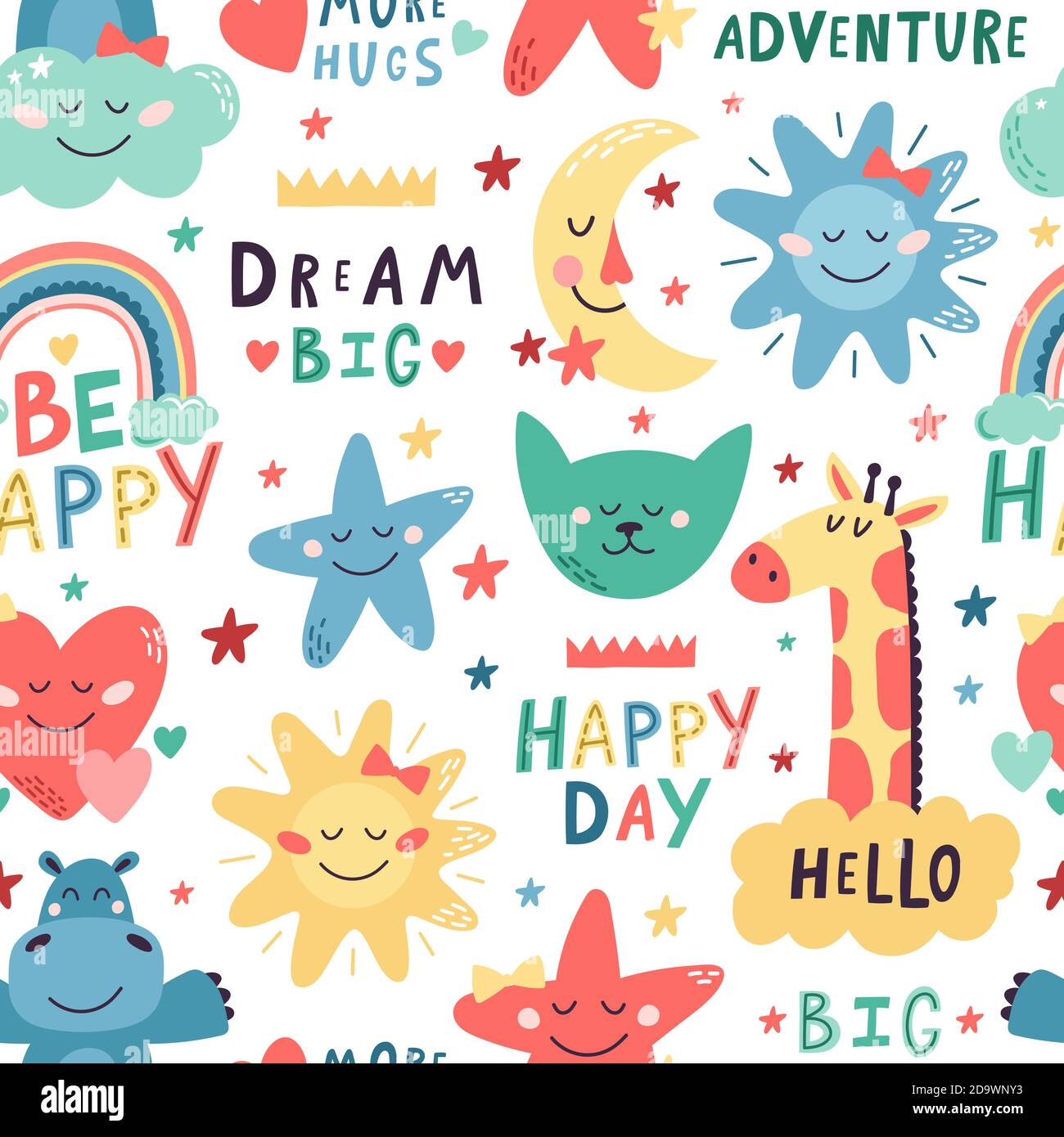 Carino modello per bambini. Animali carini, luna e stelle disegnati a mano senza cuciture. Nursery decorazione creativa vettoriale illustrazione di sfondo Illustrazione Vettoriale