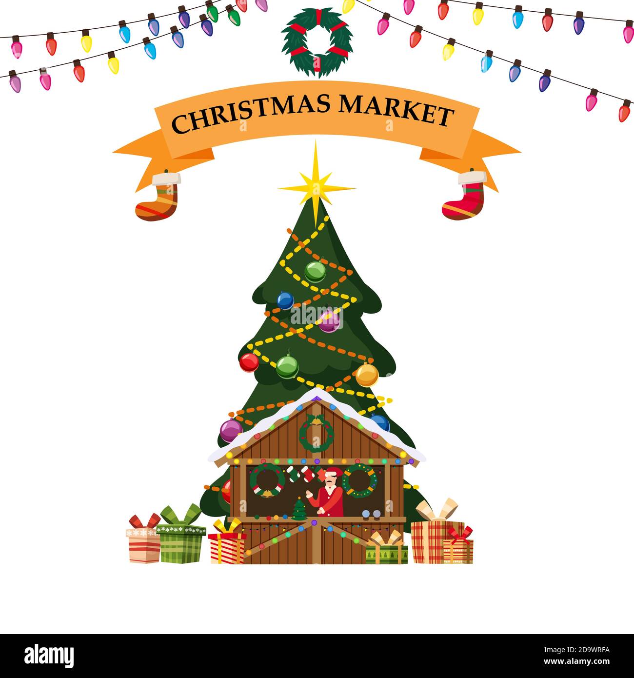 Bancarella del mercato dei souvenir di Natale con decorazioni. Grande negozio di Natale albero di Natale con decorazioni ghirlande. Negozio di articoli da regalo di Natale in legno Kiosk Vector Illustrazione Vettoriale