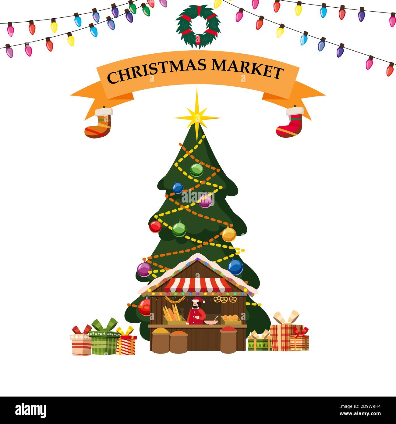 Natale panificio prodotti bancarella con cibo. Grande negozio di Natale albero di Natale con decorazioni ghirlande. Chiosco di legno di Natale vettore Illustrazione Vettoriale