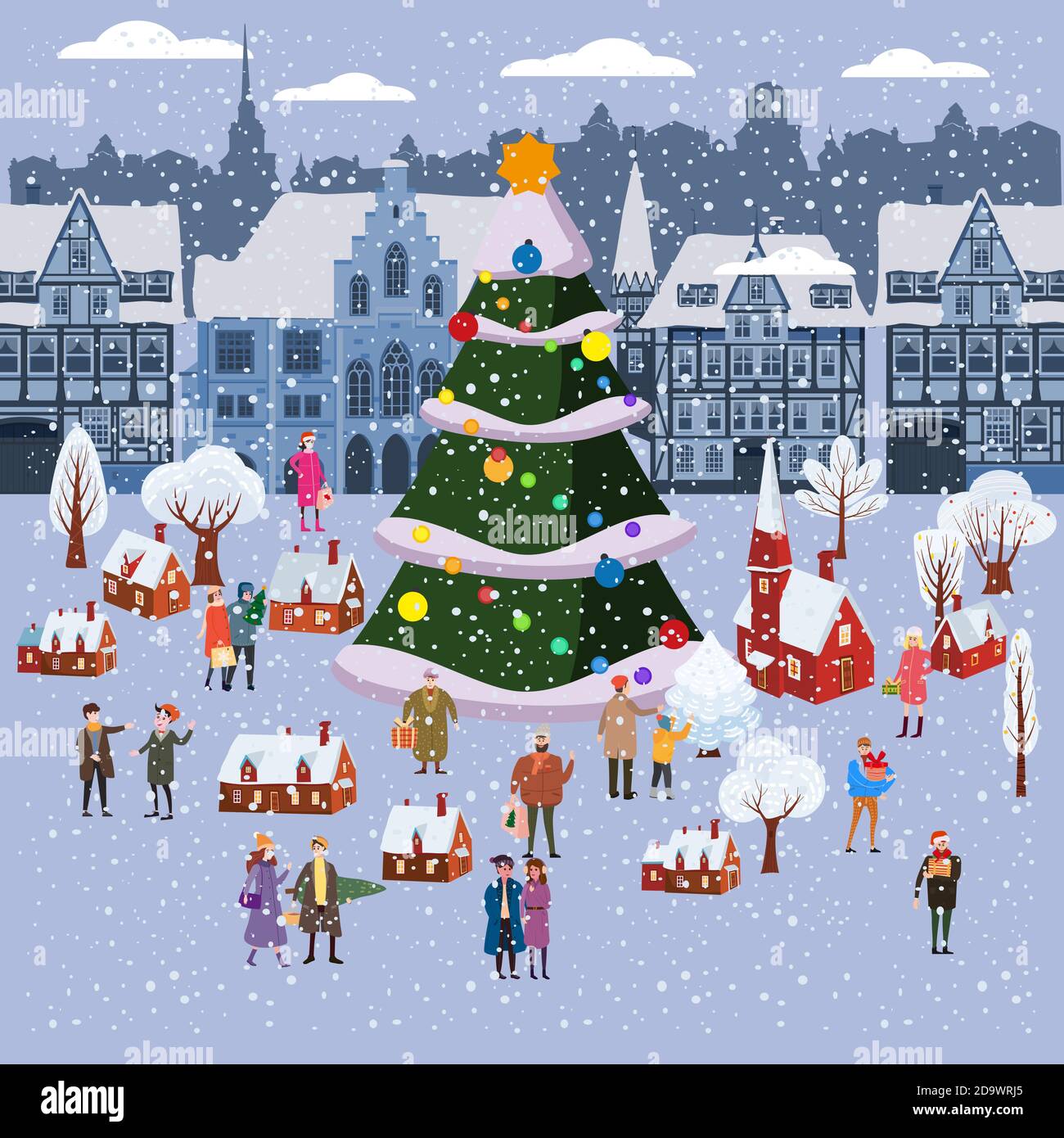 Mercatino di Natale o festa invernale all'aperto fiera sulla piazza Oldtown grande New Year albero paesaggio. Grande insieme di persone che camminano, acquistare regali, bere Illustrazione Vettoriale