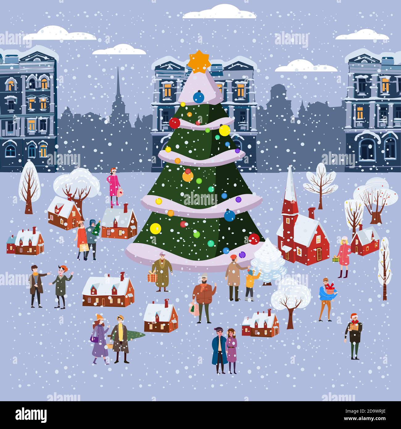 Mercatino di Natale o festa invernale all'aperto fiera sulla piazza Oldtown grande New Year albero paesaggio. Grande insieme di persone che camminano, acquistare regali, bere Illustrazione Vettoriale