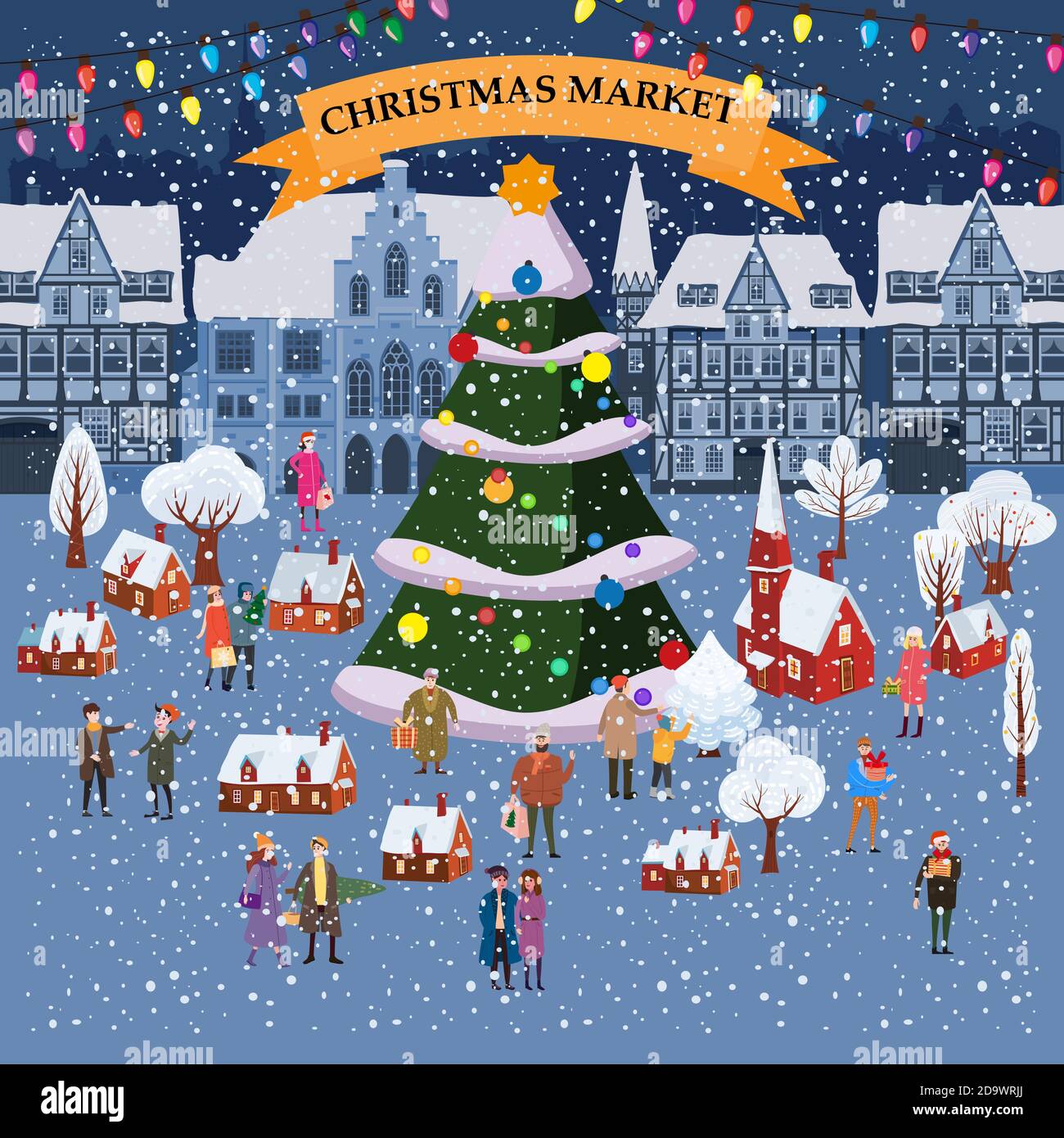Mercatino di Natale o festa invernale all'aperto fiera sulla piazza Oldtown grande New Year albero paesaggio. Grande insieme di persone che camminano, acquistare regali, bere Illustrazione Vettoriale
